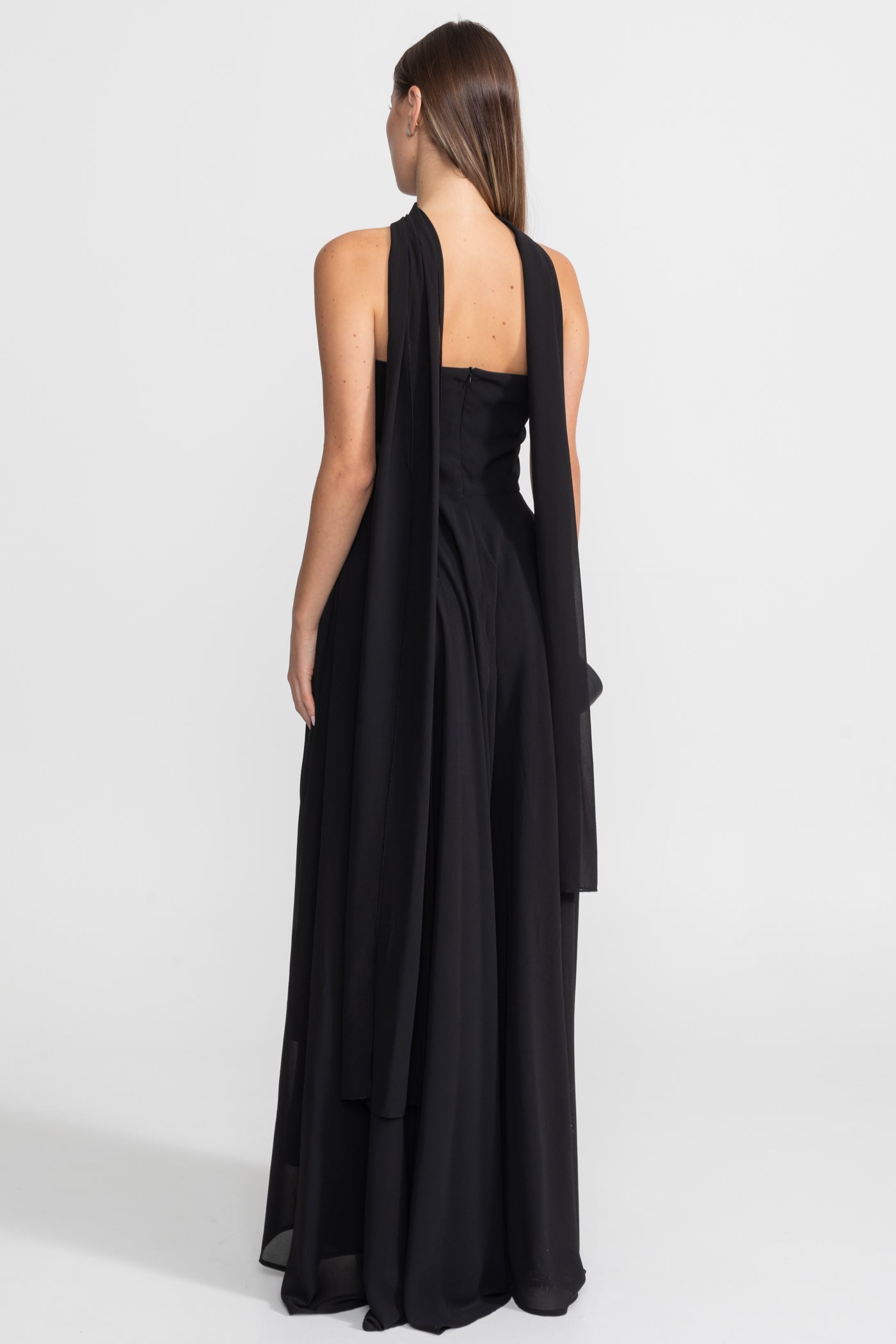 Strapless Draped Gown With Gold Flower Embellishments – Black