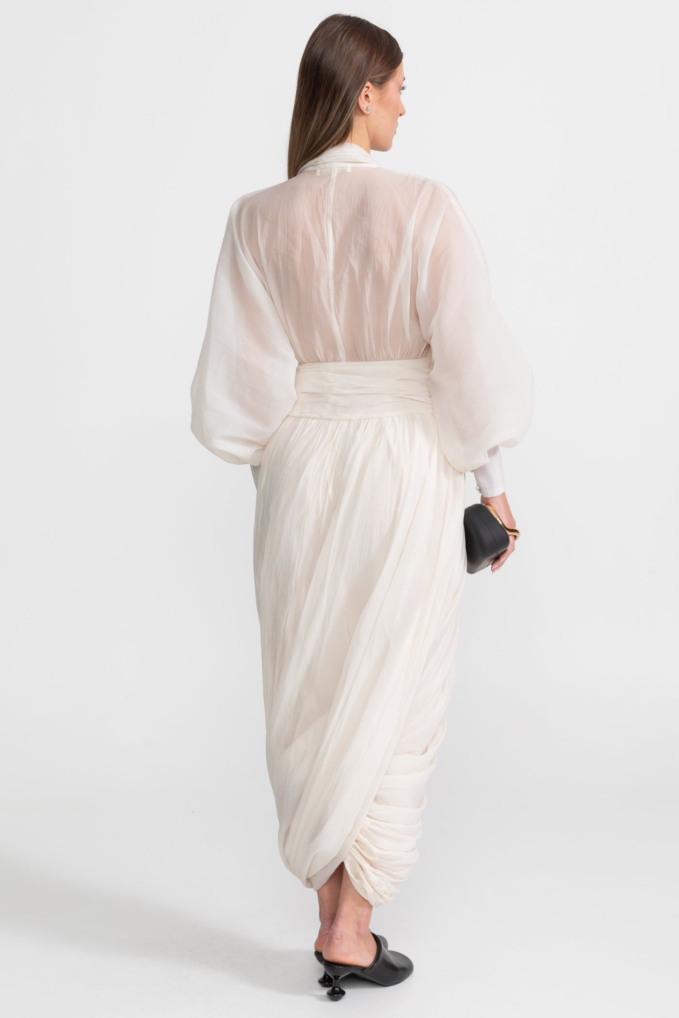 Draped Chiffon Maxi Dress With Long Bishop Sleeves – Ivoire
