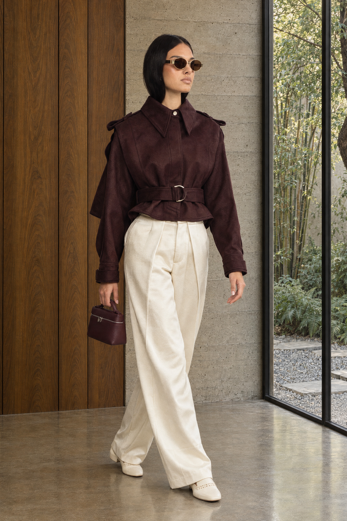Suede Belted Cape Jacket - Burgundy