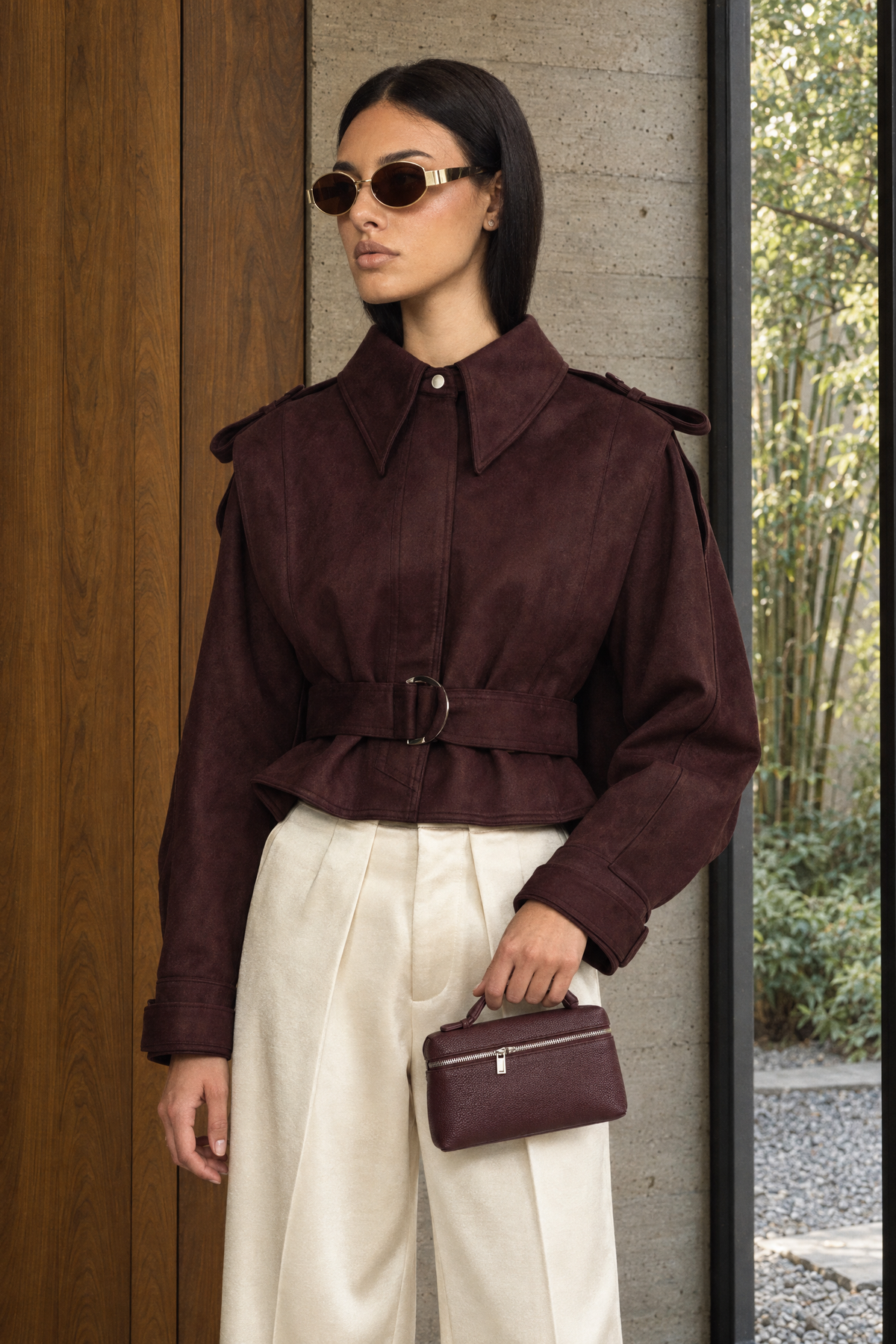 Suede Belted Cape Jacket - Burgundy