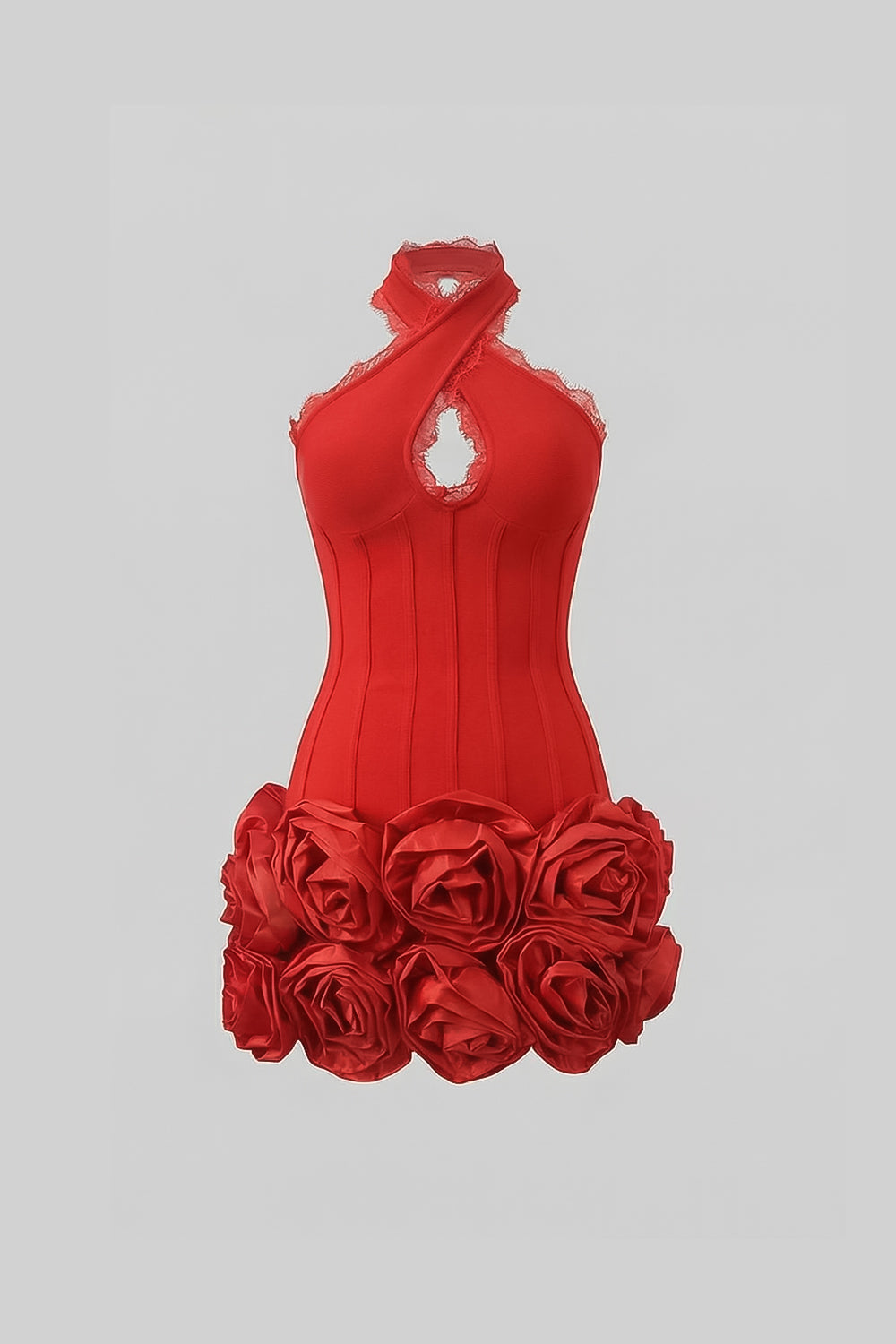 Halter Corset Mini Dress with 3D Rose Hem – Red