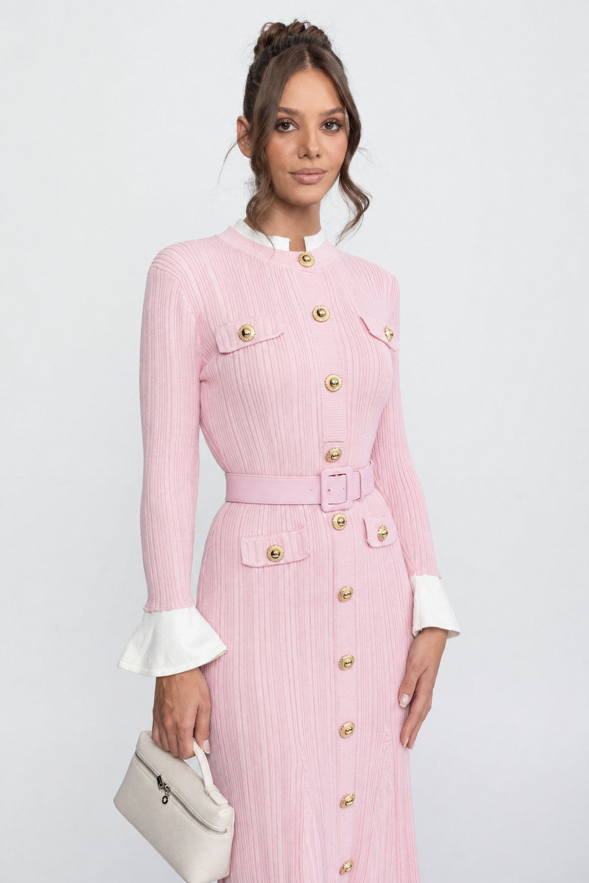 Ribbed Knit Belted Midi Dress With White Cuffs And Collar - Pink