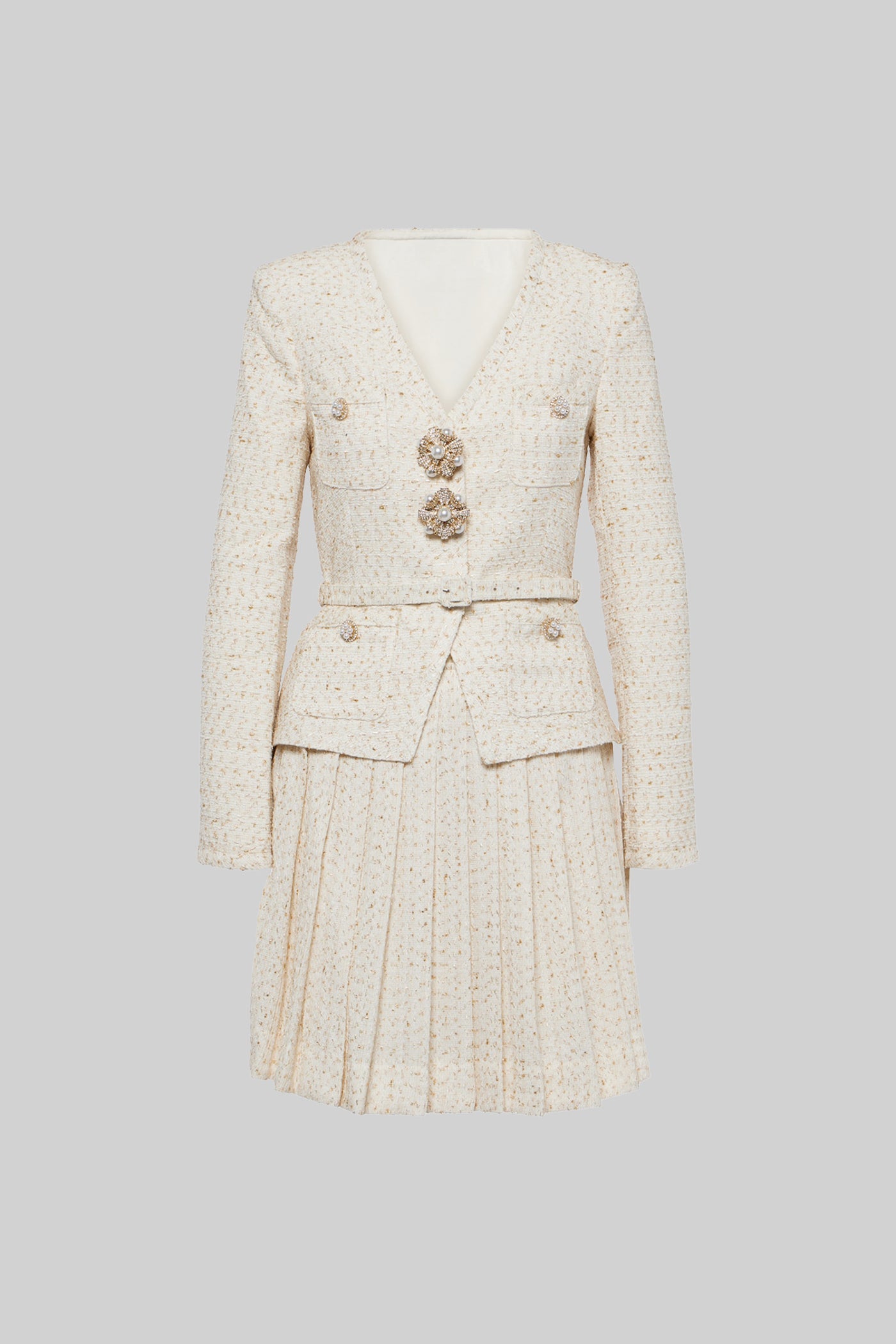 Textured Co-Ord Set With Long Sleeved Top And Matching Pleated Mini Skirt - Ivoire