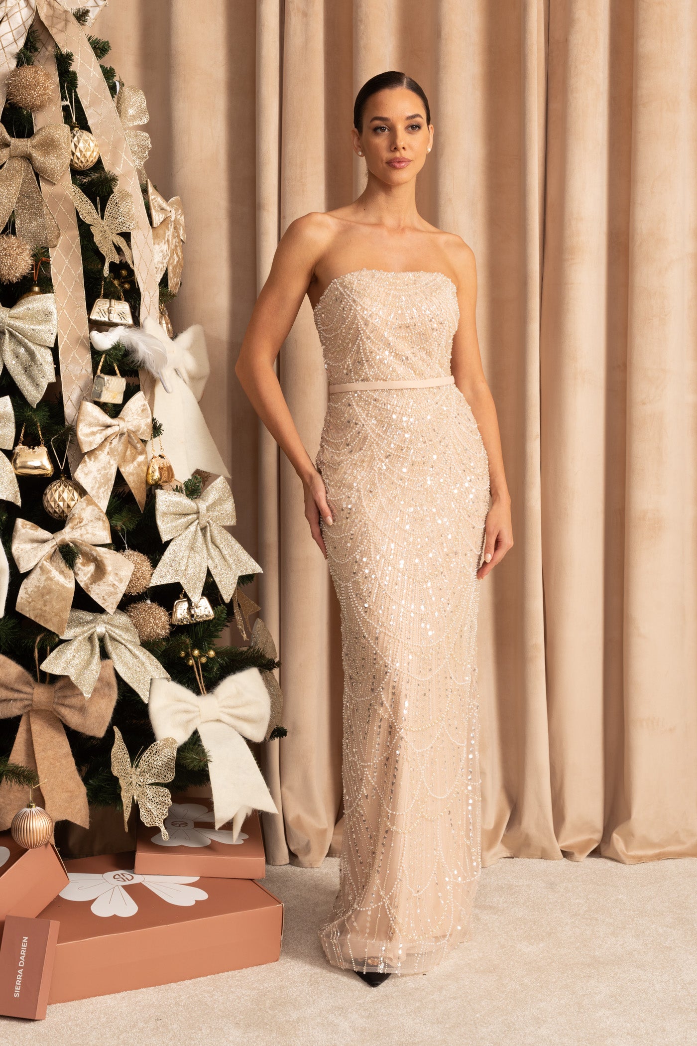 Glamorous Beaded Gown With Detachable Veil - Beige