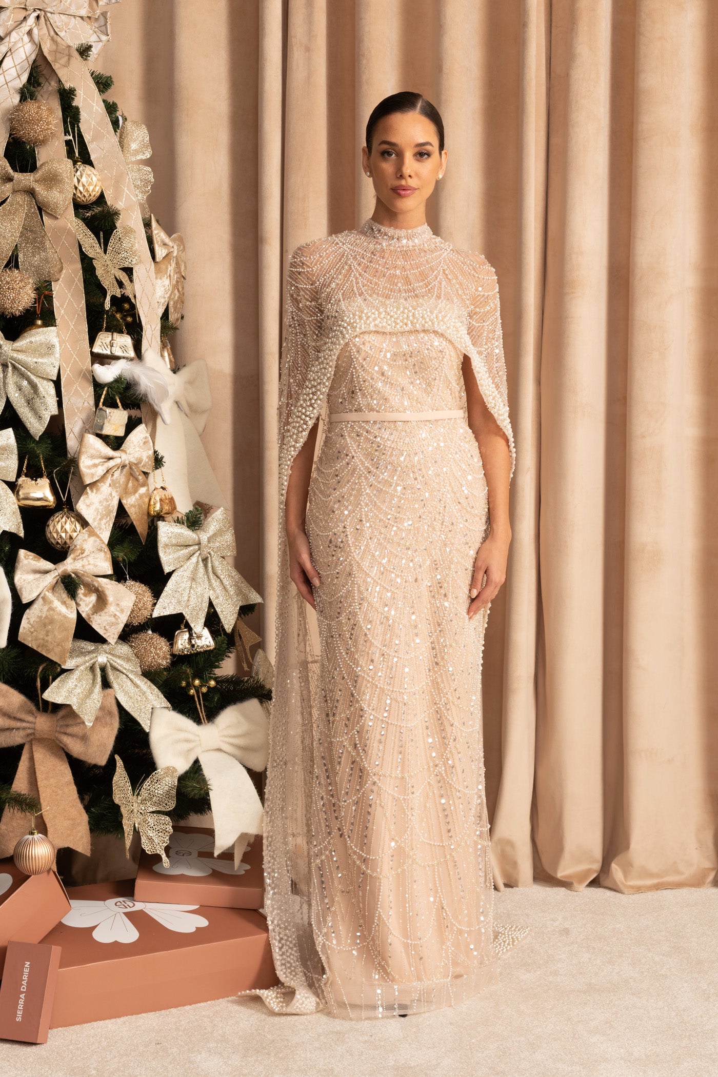 Glamorous Beaded Gown With Detachable Veil - Beige