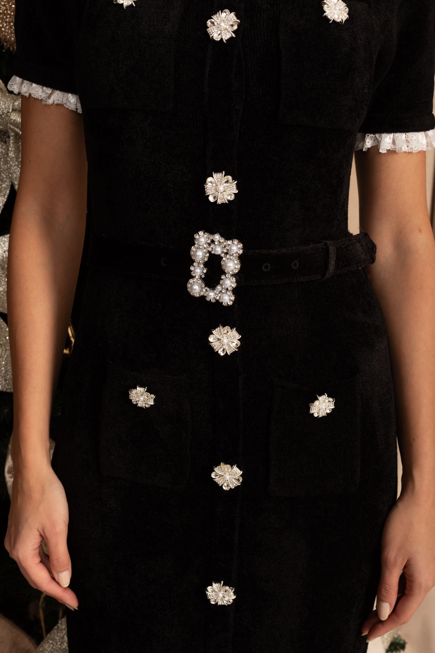 Elegant Midi Dress With Crystal Buttons and Lace Trim – Black