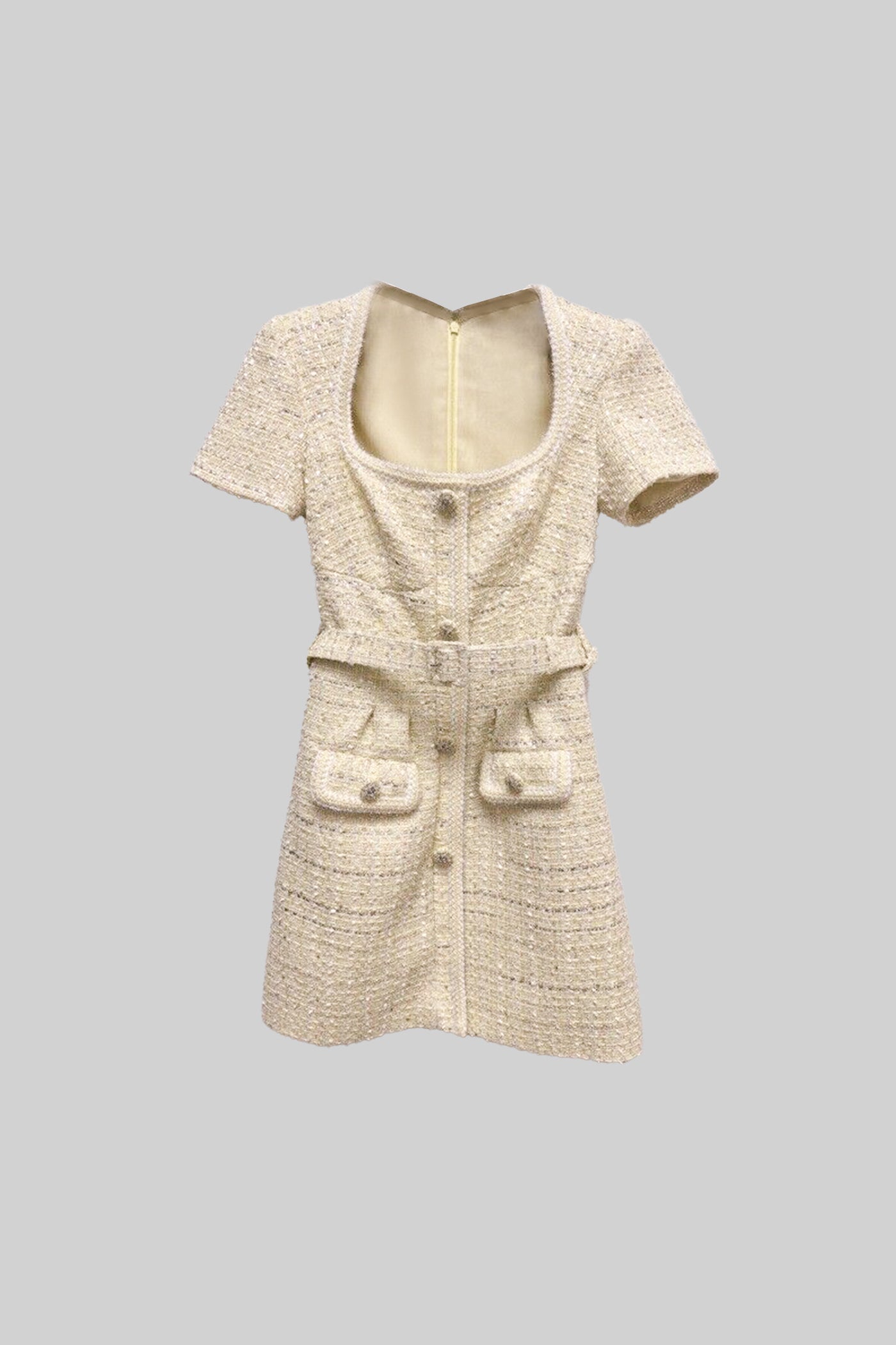 Textured Mini Dress With Matching Waistbelt And Floral Brooch - Beige