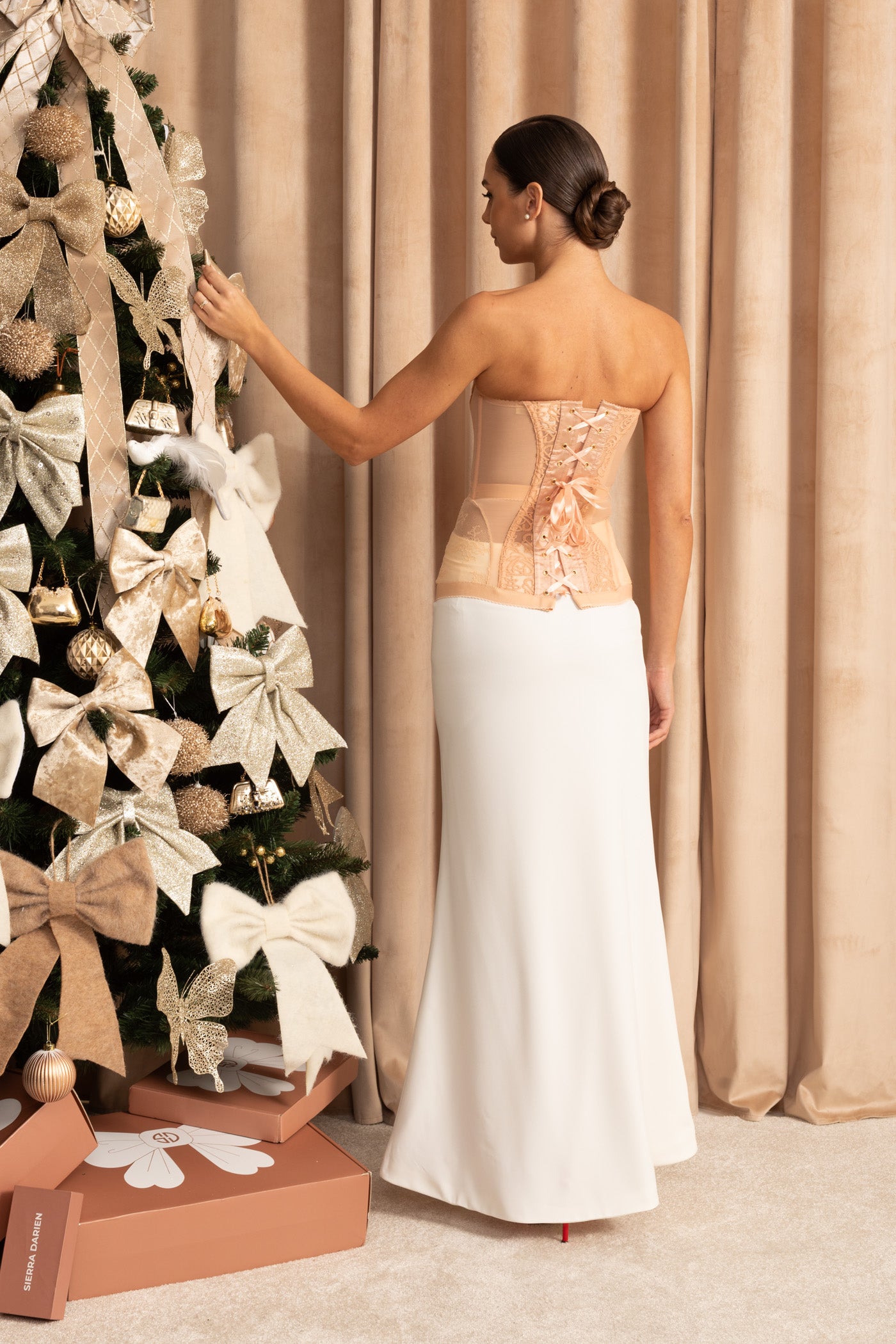 Strapless Lace Corset Top with Boning and Front Closure - Nude