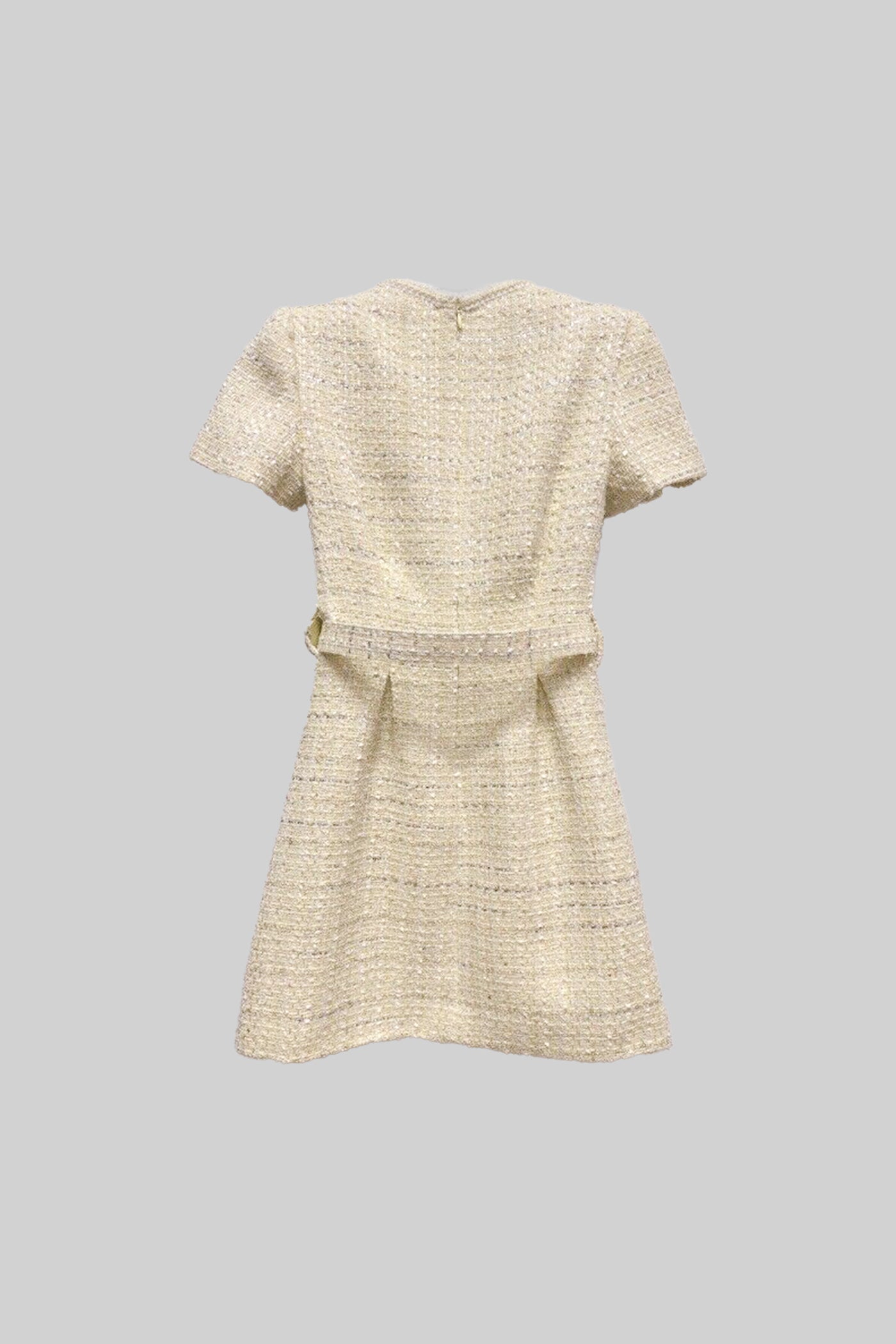 Textured Mini Dress With Matching Waistbelt And Floral Brooch - Beige