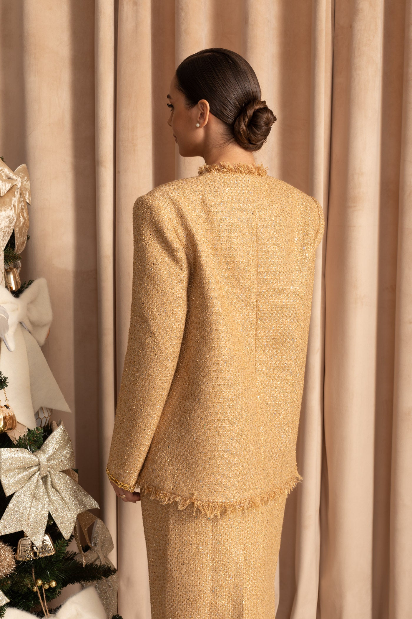 Textured Tweed Overcoat With Intricate Sequin Embellishments And Fringe Trim Accents - Gold