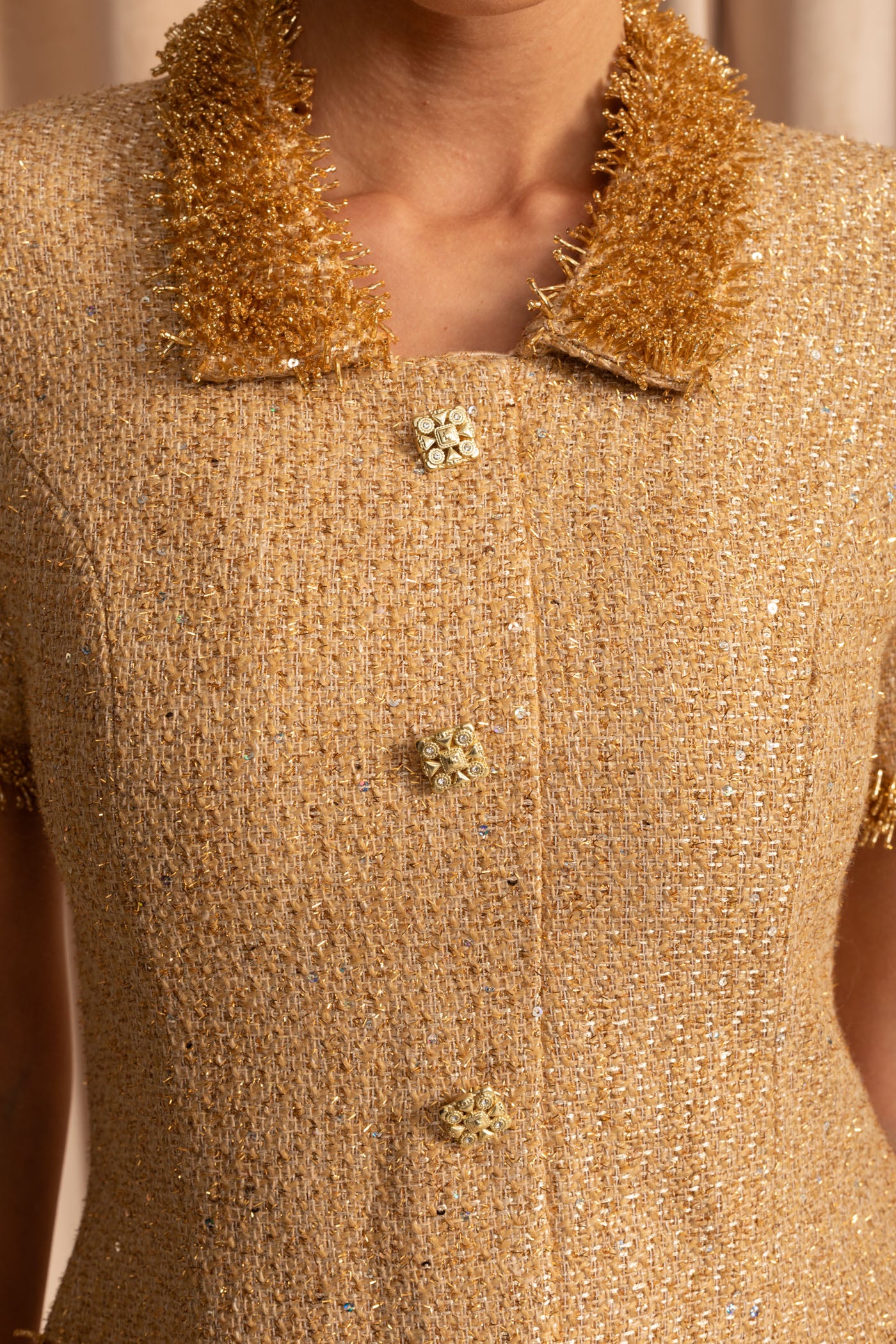 Short Sleeve Tweed Mini Dress With Metallic Fringe Trim – Gold