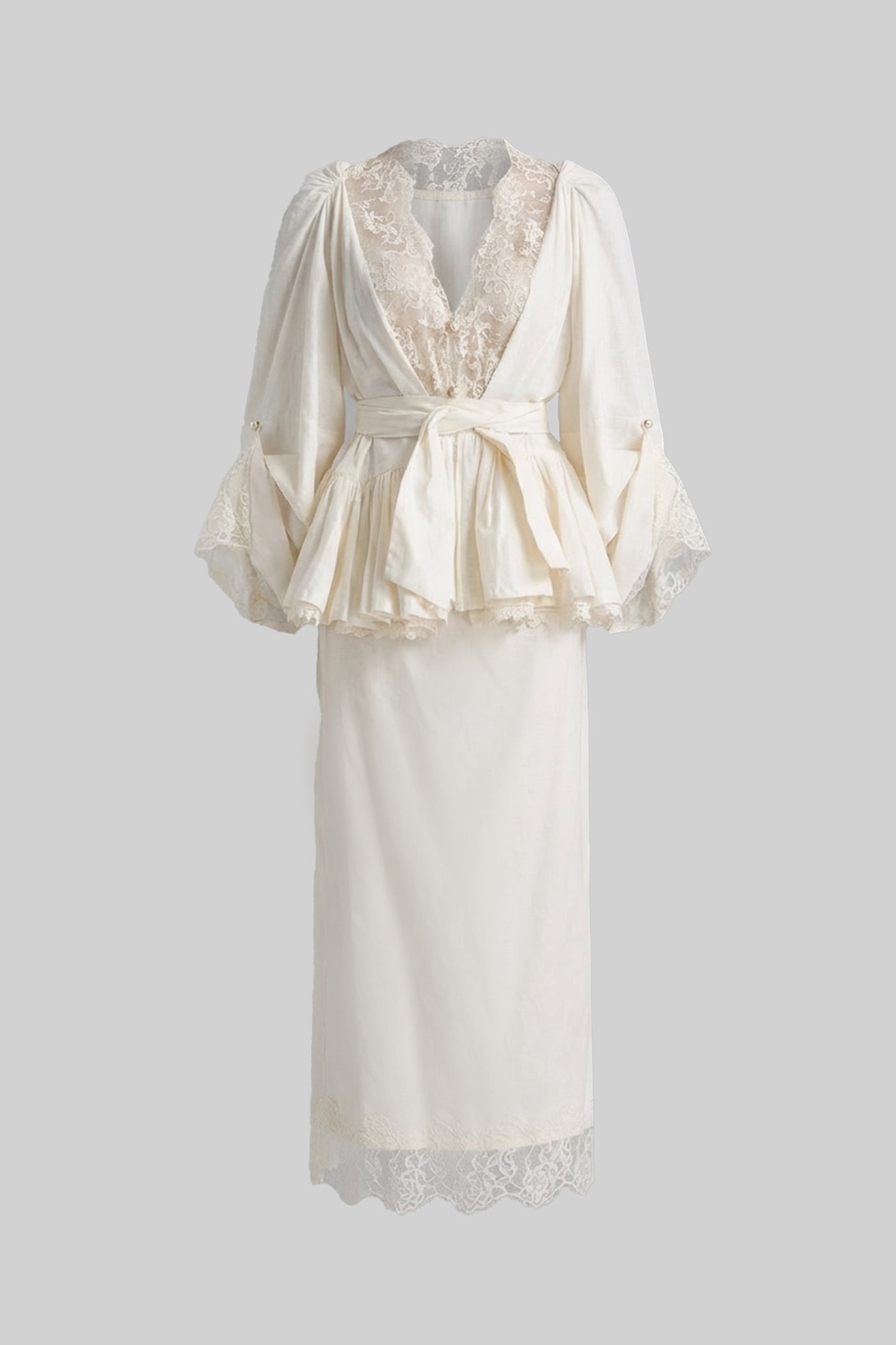 Belted Peplum Co-Ord Set With Lace Insert Detailing - Ivoire