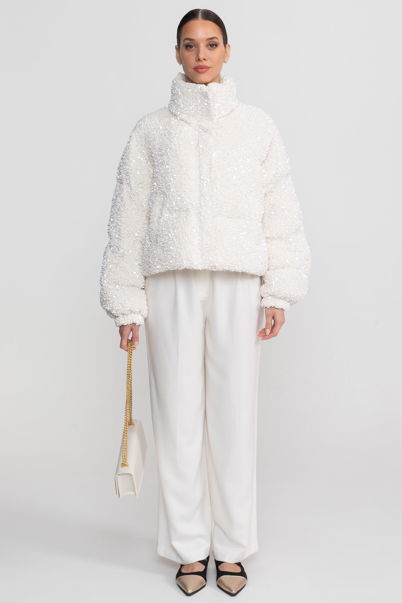 Sequin Puffer Jacket With High Stand Collar – White