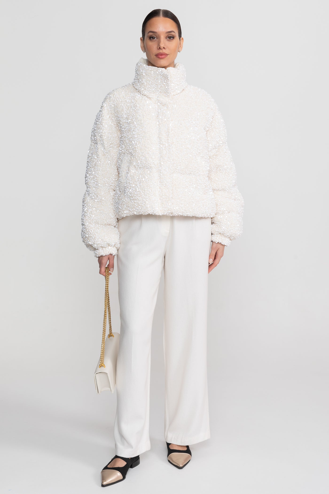 Sequin Puffer Jacket With High Stand Collar – White