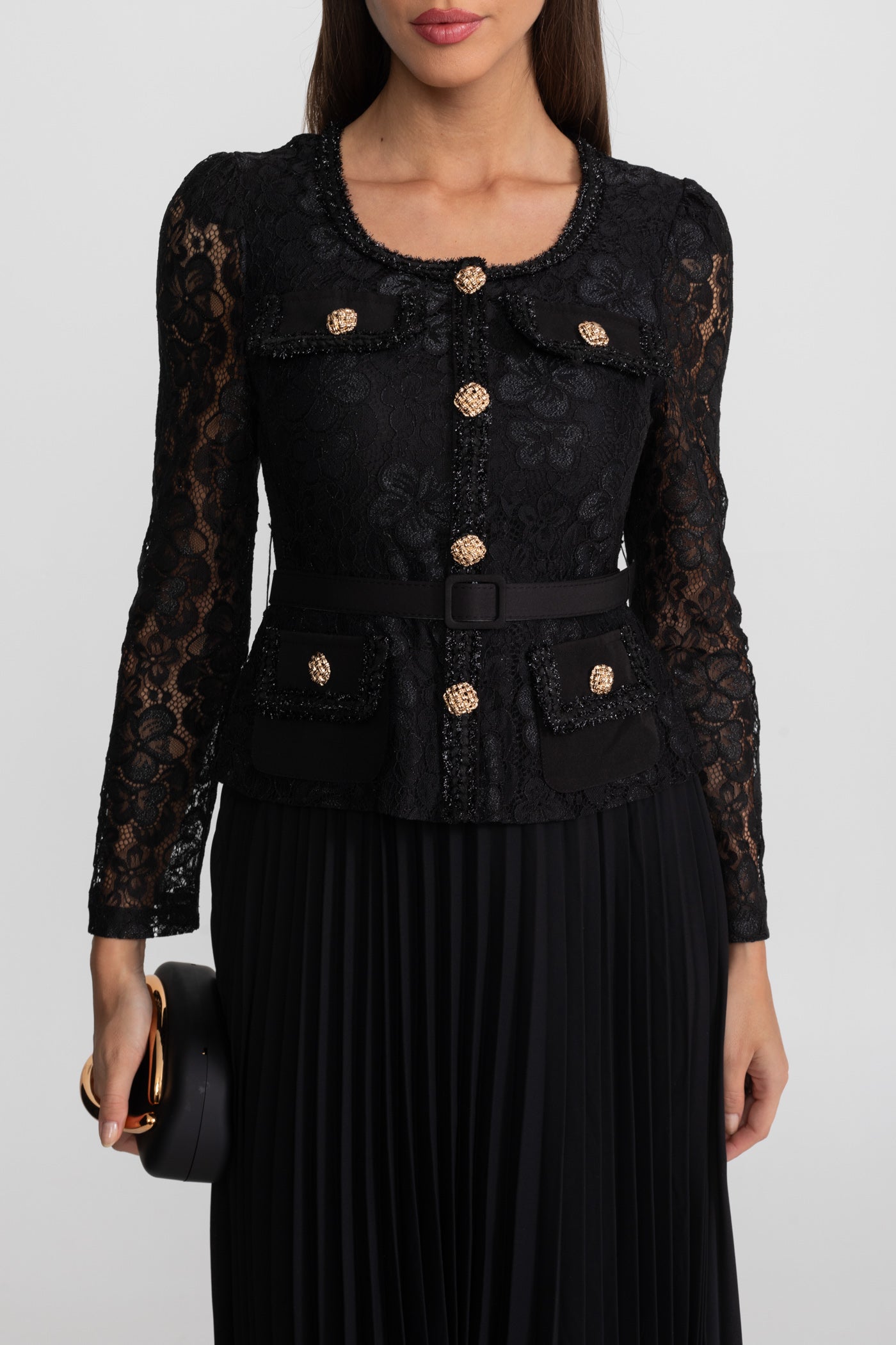 Lace and Pleated Midi Dress with Gold Button Detailing - Black