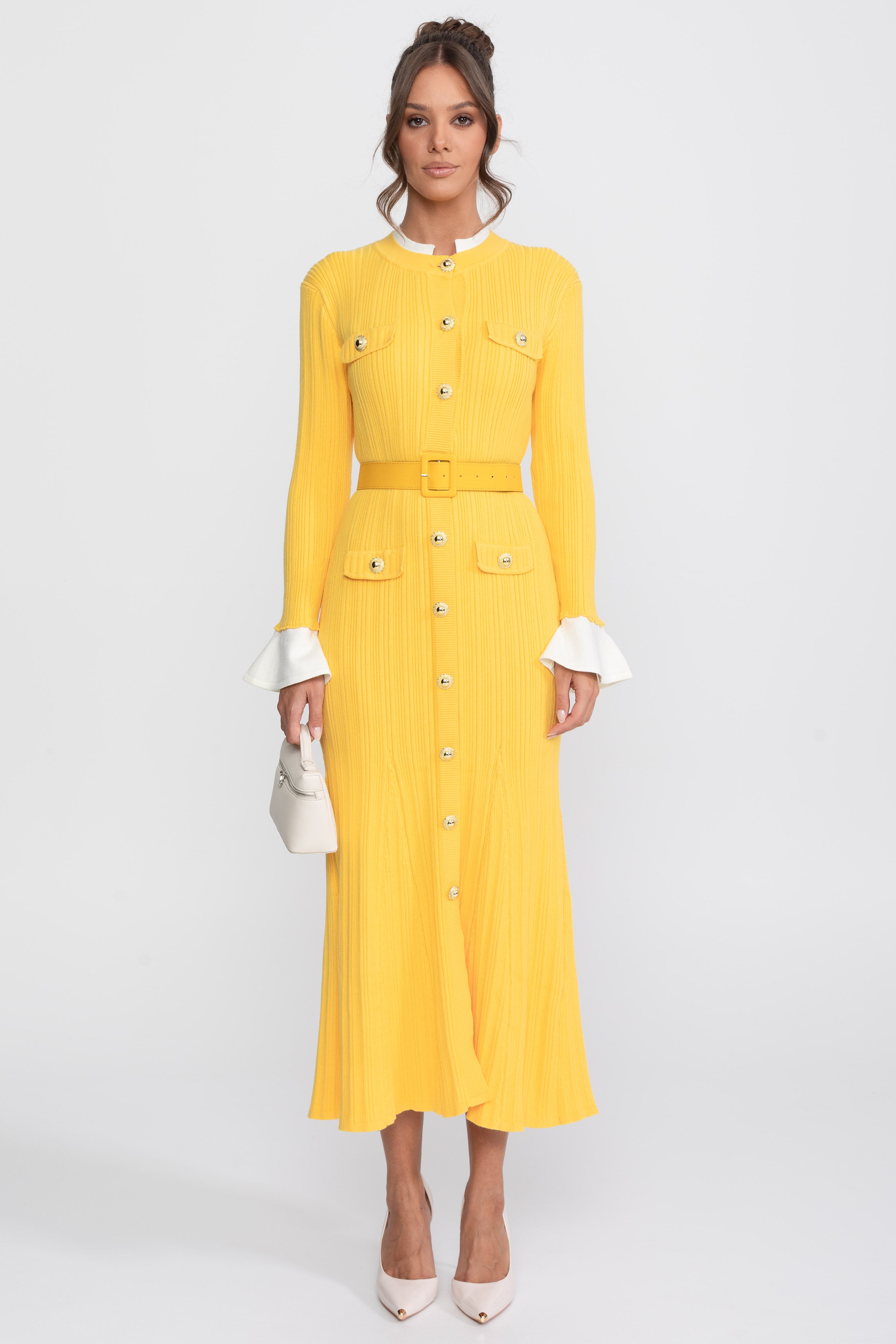 Ribbed Knit Belted Midi Dress With White Cuffs And Collar - Yellow