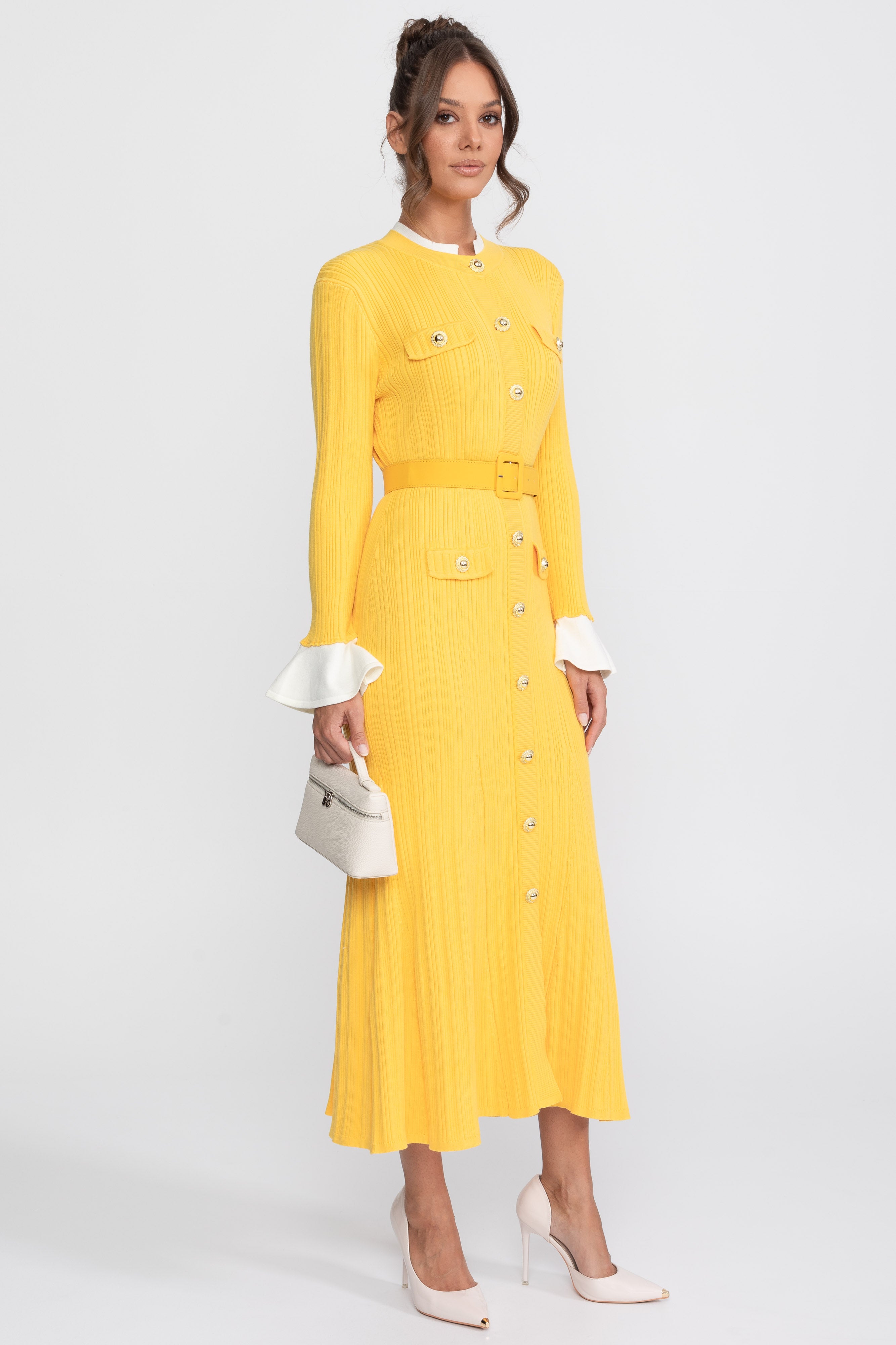 Ribbed Knit Belted Midi Dress With White Cuffs And Collar - Yellow