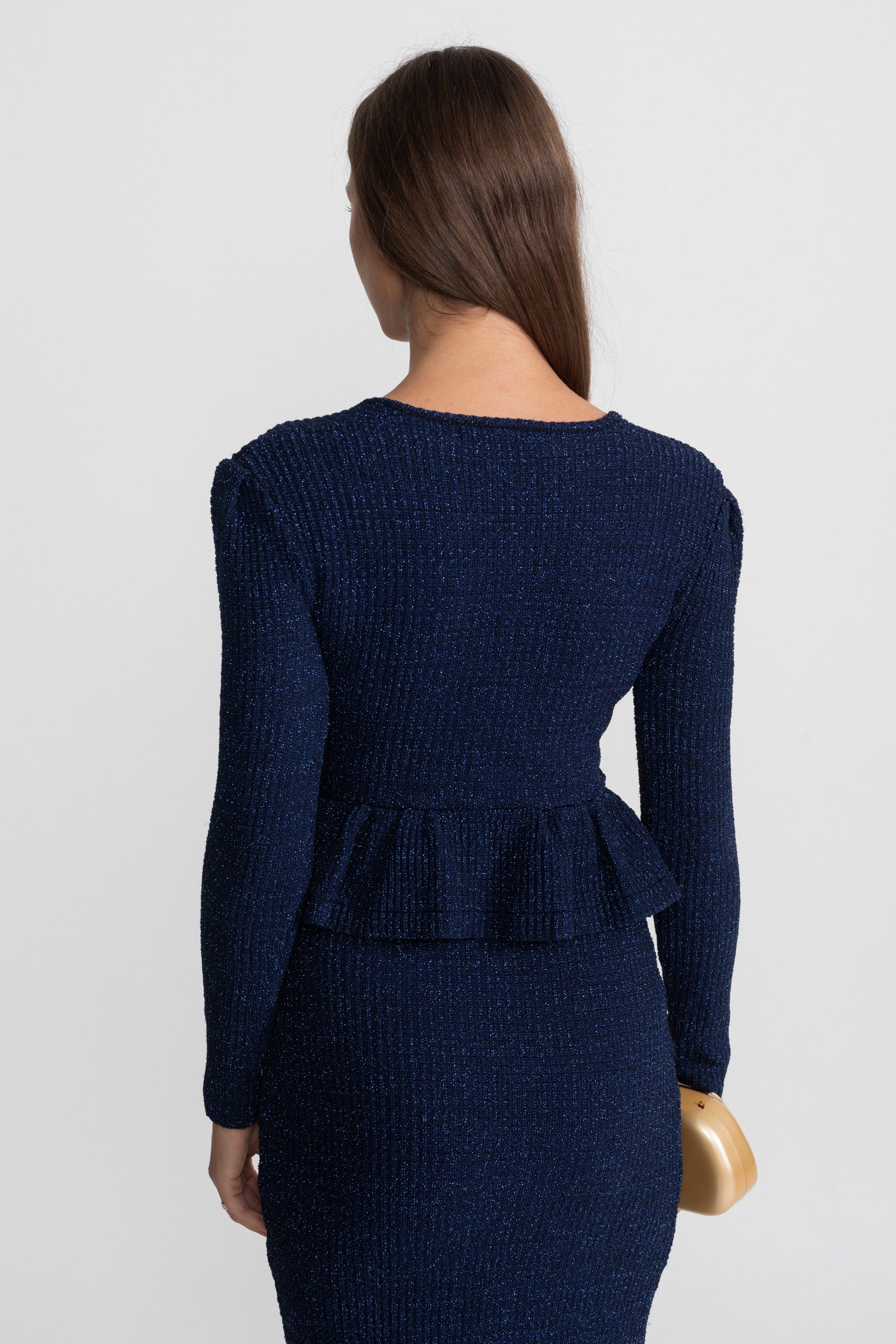 Textured Knit Dress with Peplum Waist and Gold Buttons - Dark Blue