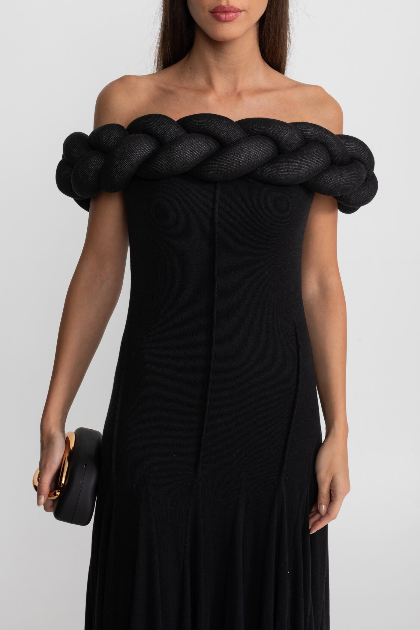 Off-Shoulder Braided Neckline Maxi Dress – Black