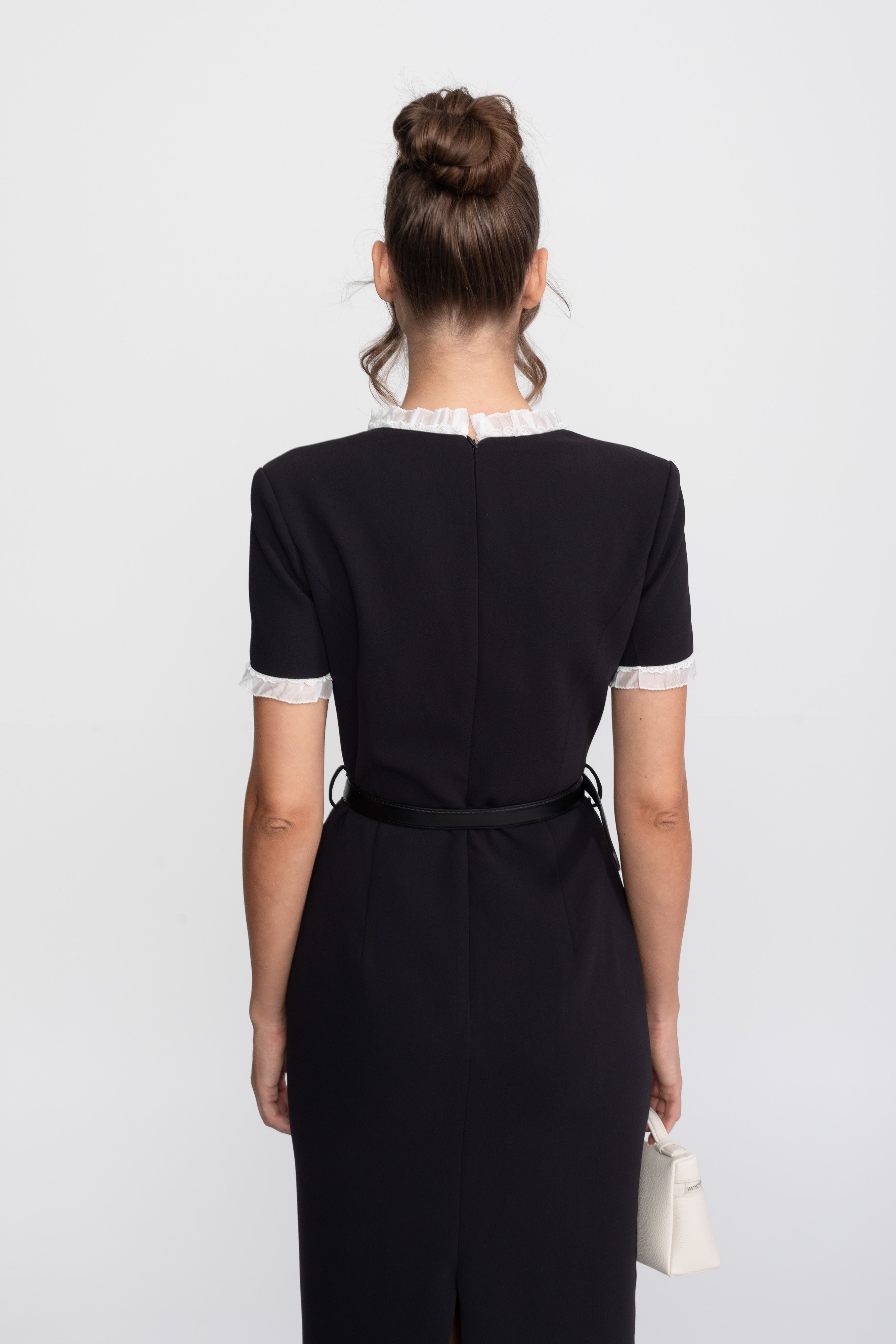 Square Neck Belted Midi Dress With White Ruffle Trim - Black