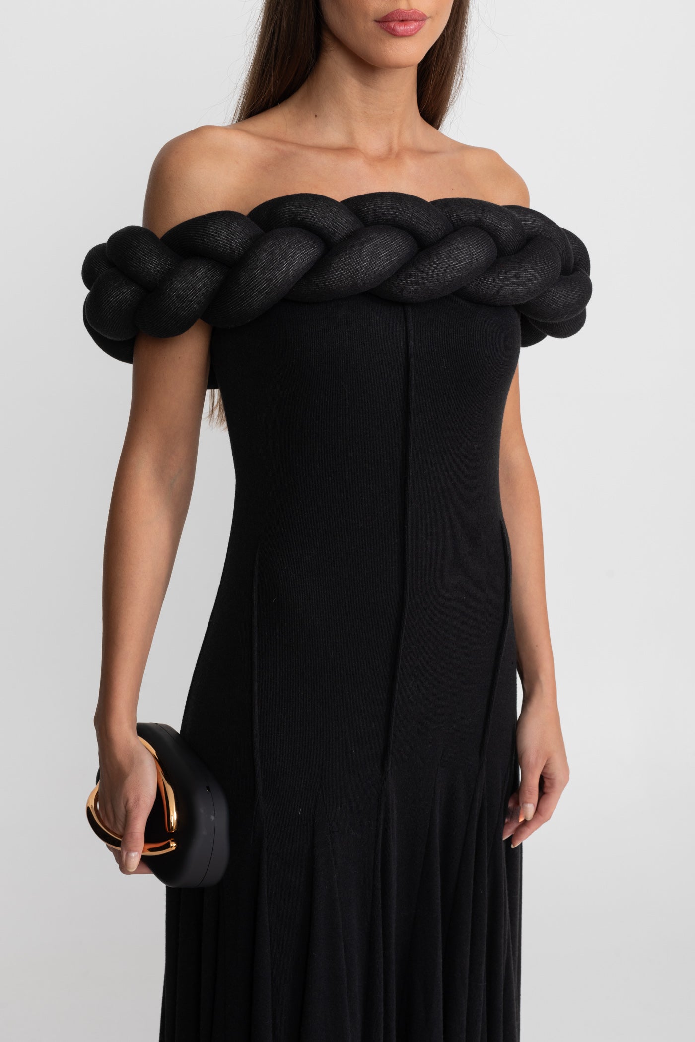 Off-Shoulder Braided Neckline Maxi Dress – Black