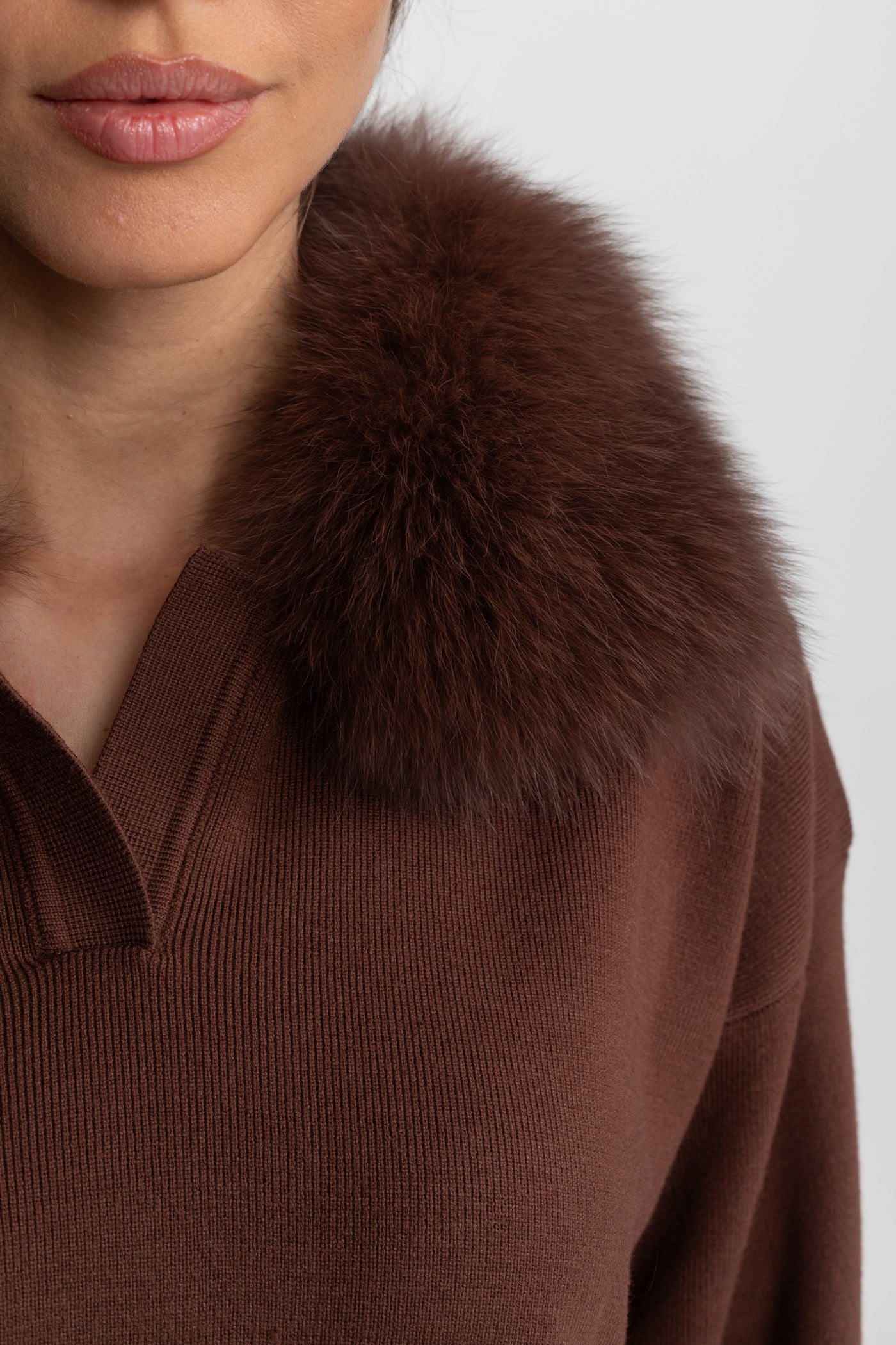 Knit Lounge Co-Ord Set with Fox Fur Collar – Brown