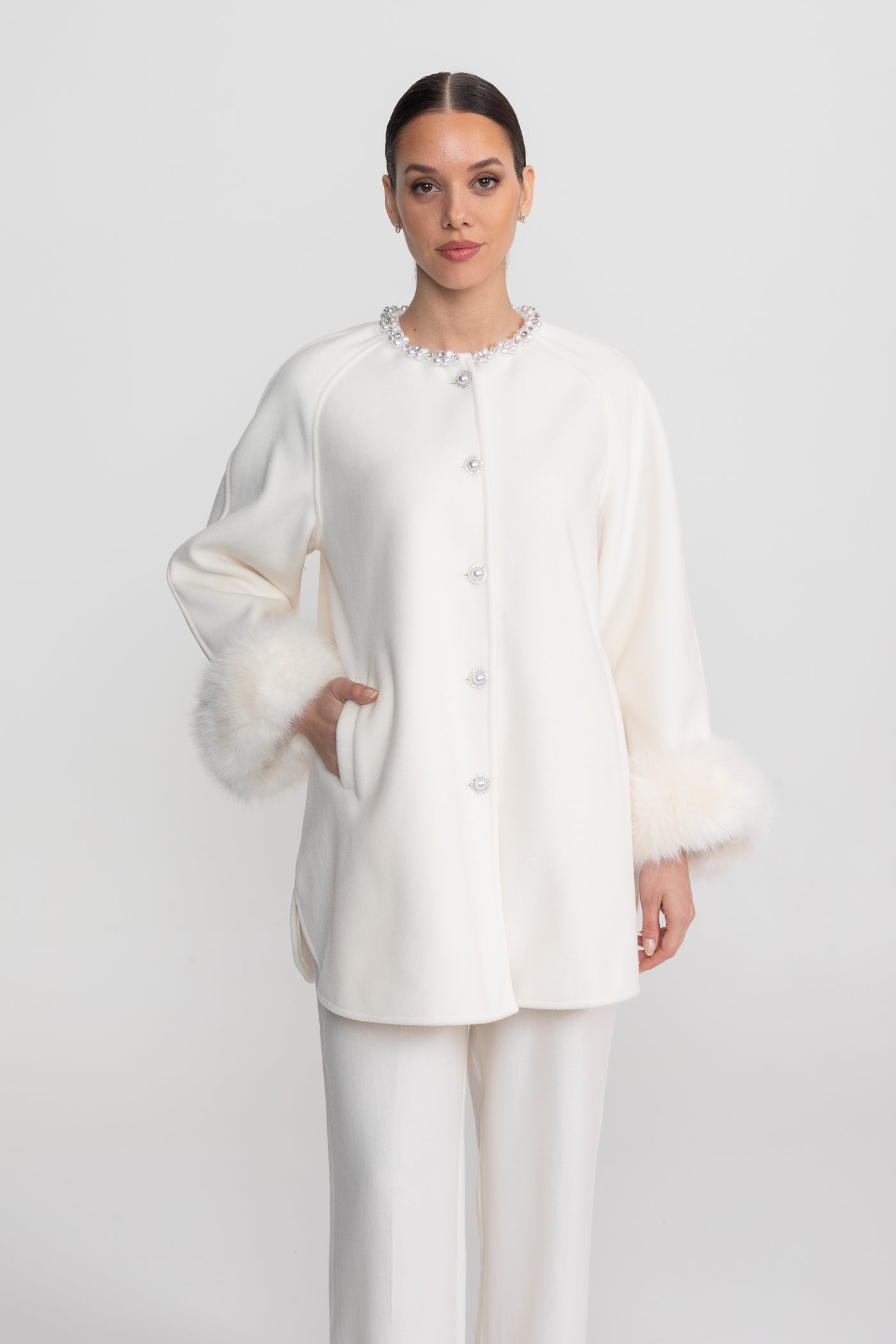 Longline Coat With Pearl Embellished Neckline And Fur Cuffs - White