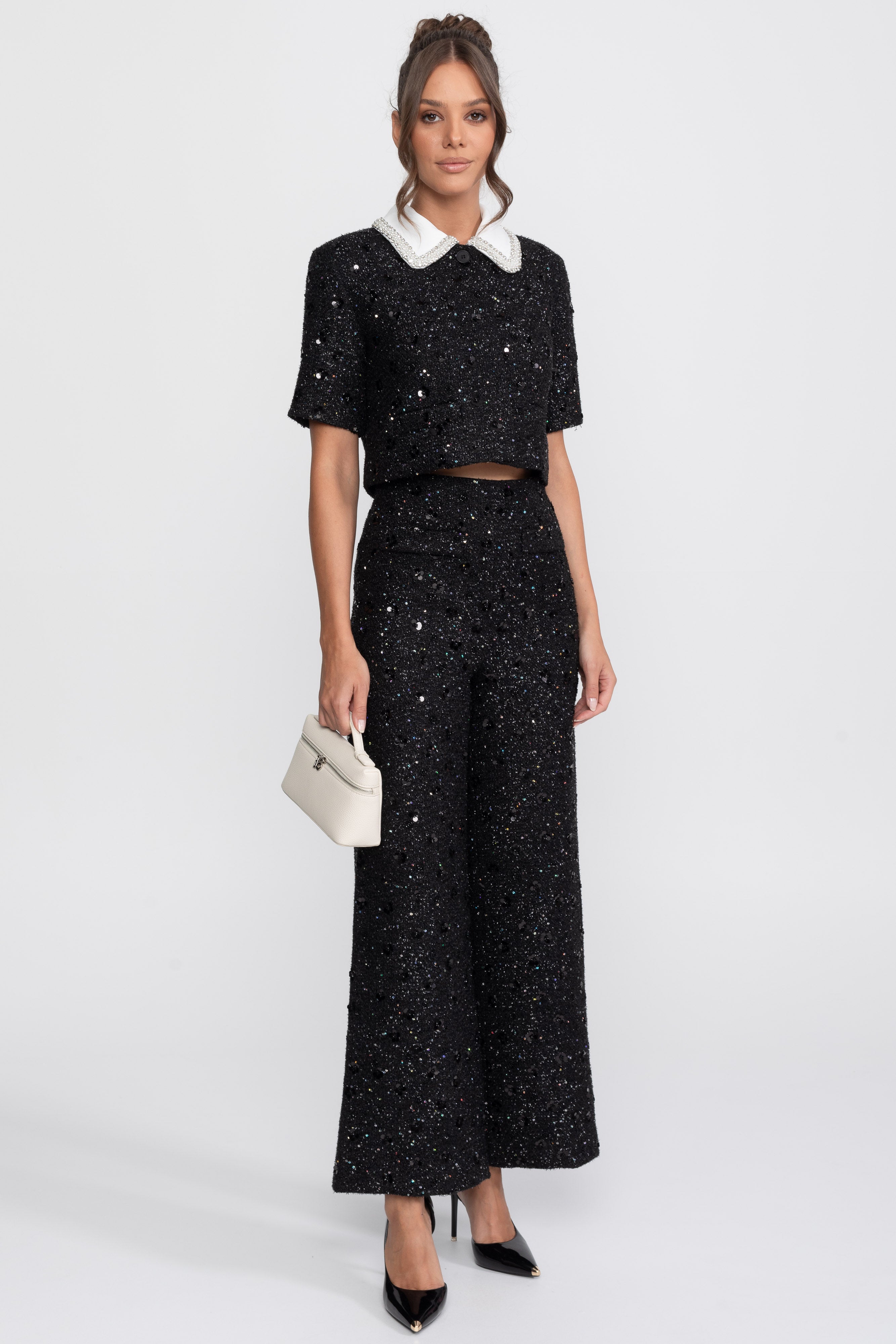 Short-Sleeve Tweed Cropped Jacket With Contrast Collar And Sequin Detail - Black