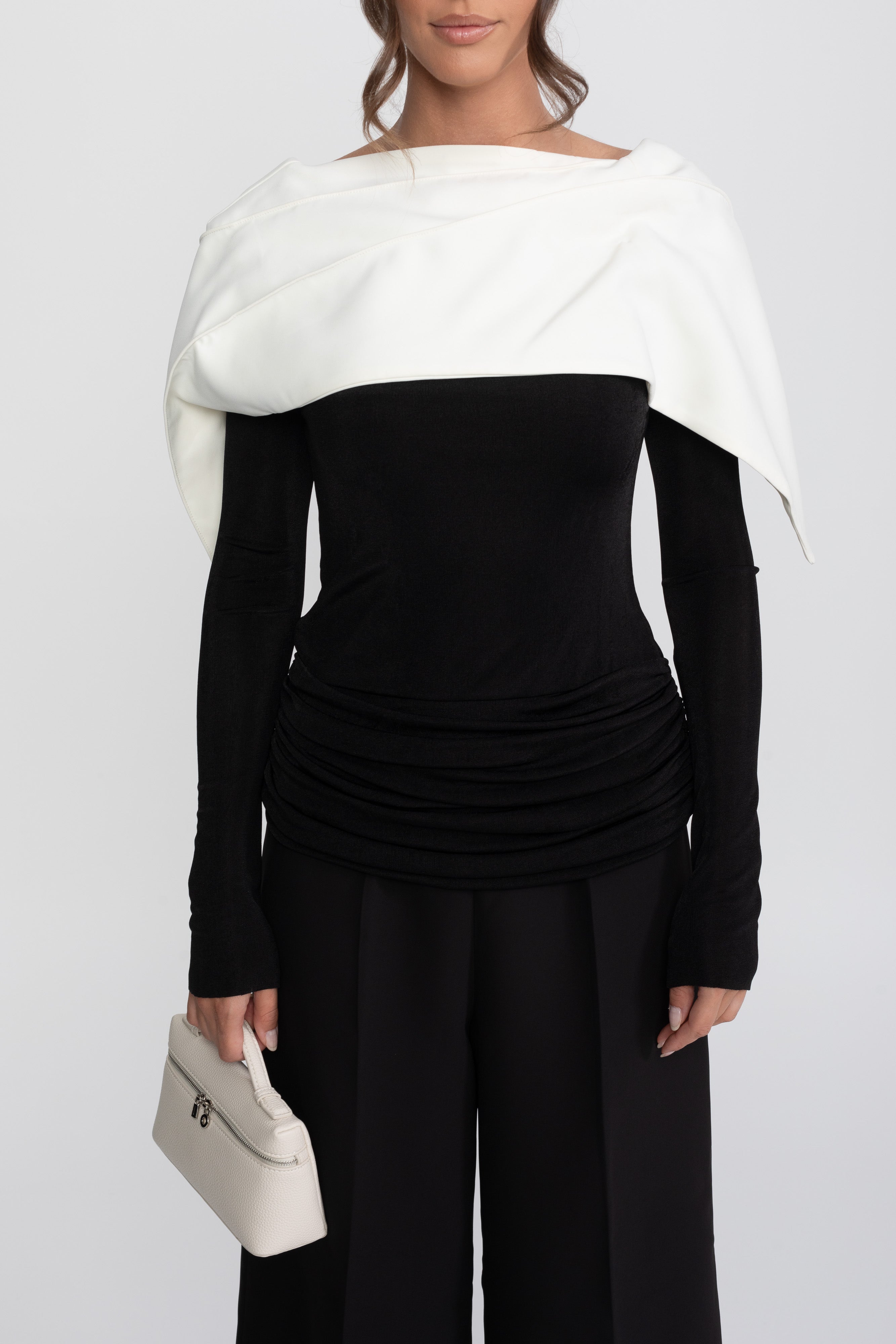 Ruched Wrap Top With Contrasting Cape And Trouser Ensemble - Black