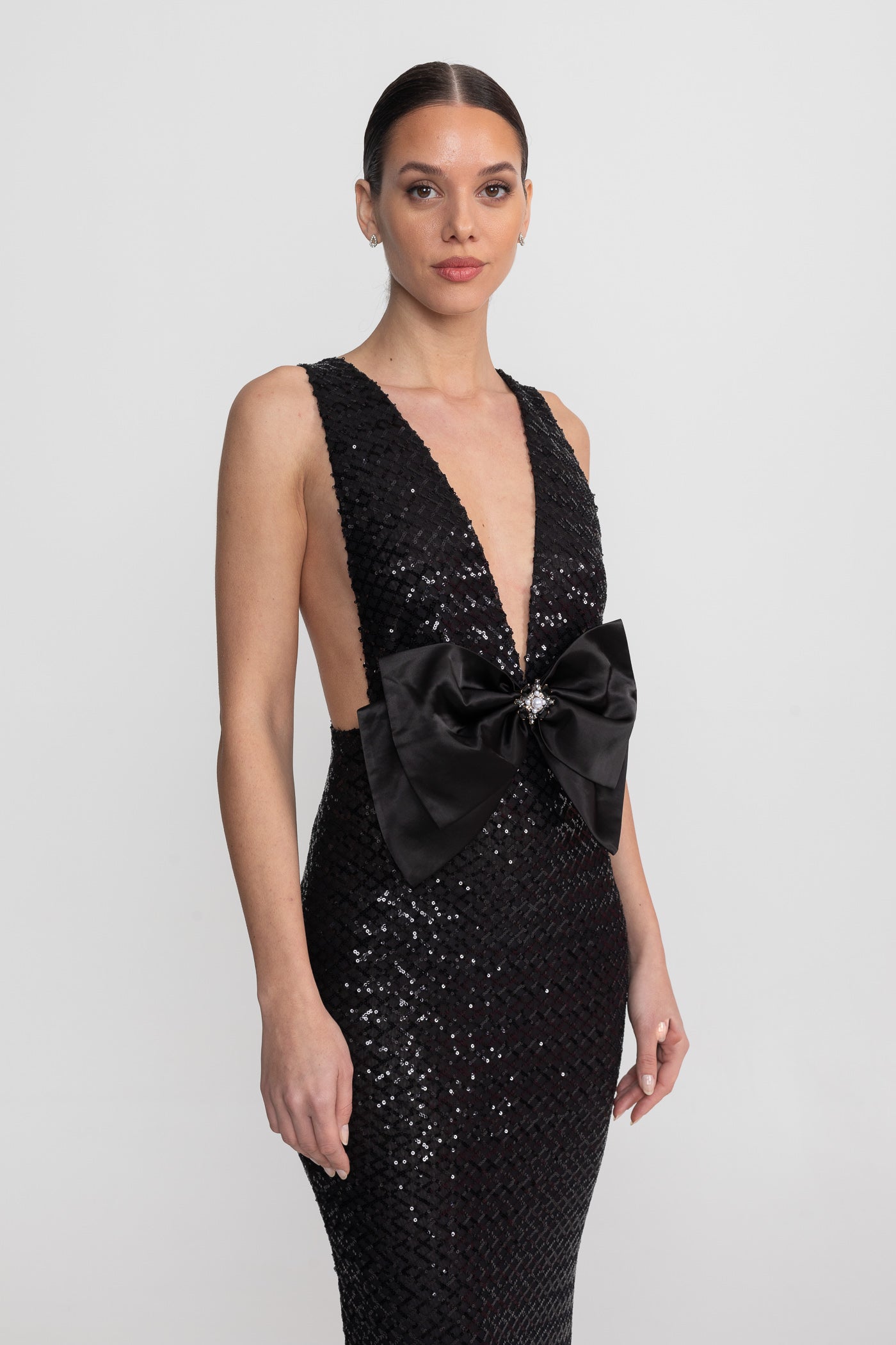 Sequin Maxi Dress With Satin Bow Detail - Black