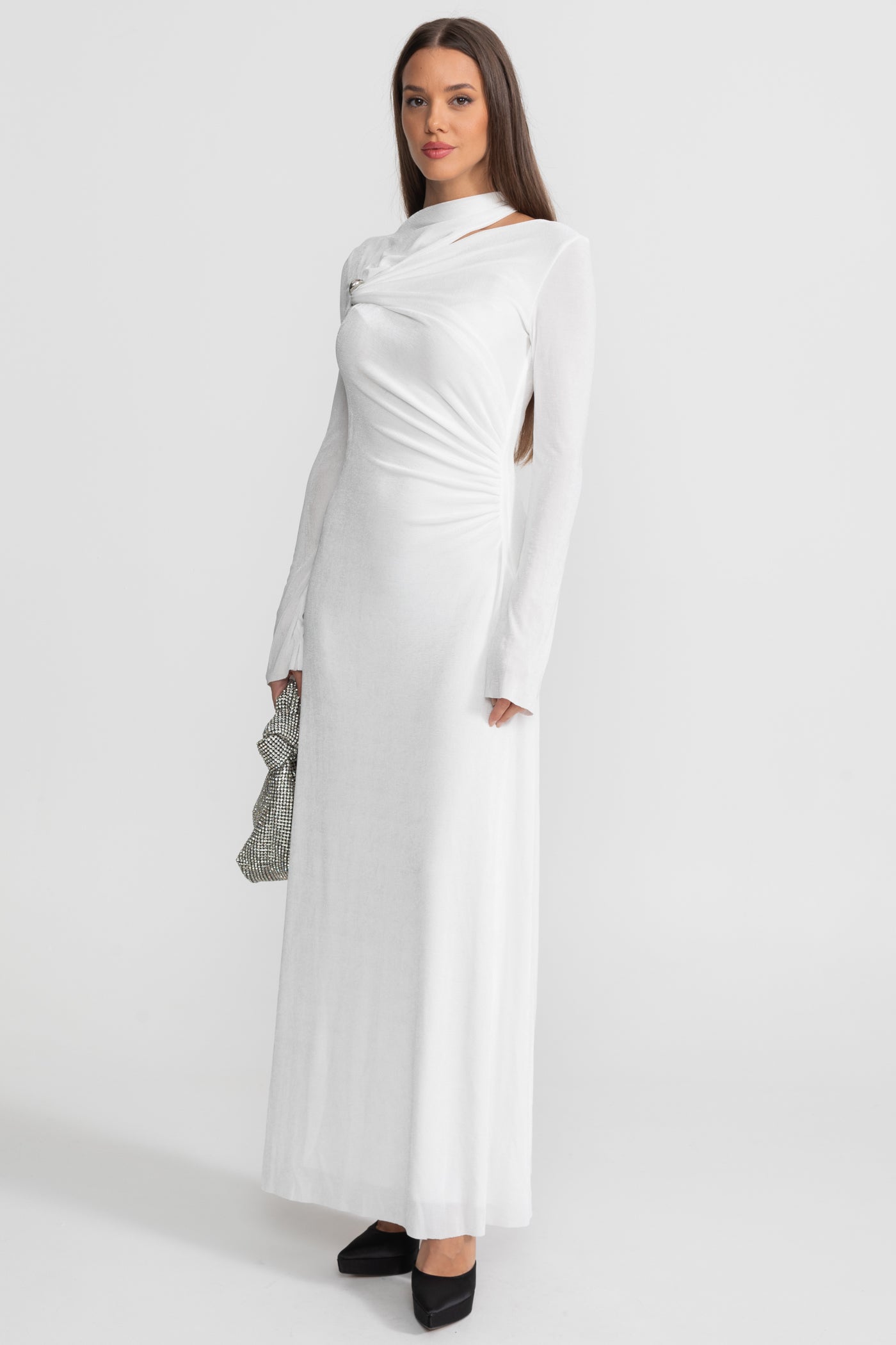 Draped Maxi Dress with Cut-Out and Elegant Detail - White