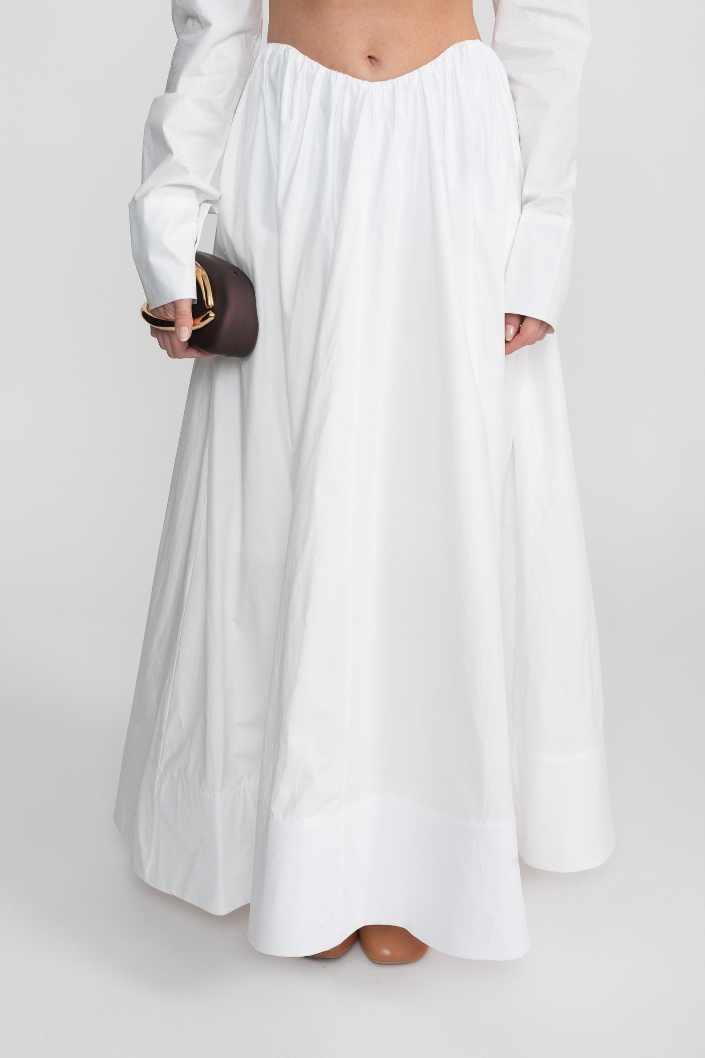 طقم منسق بأكمام طويلة مع توب قصير تحت الصدر - أبيض 