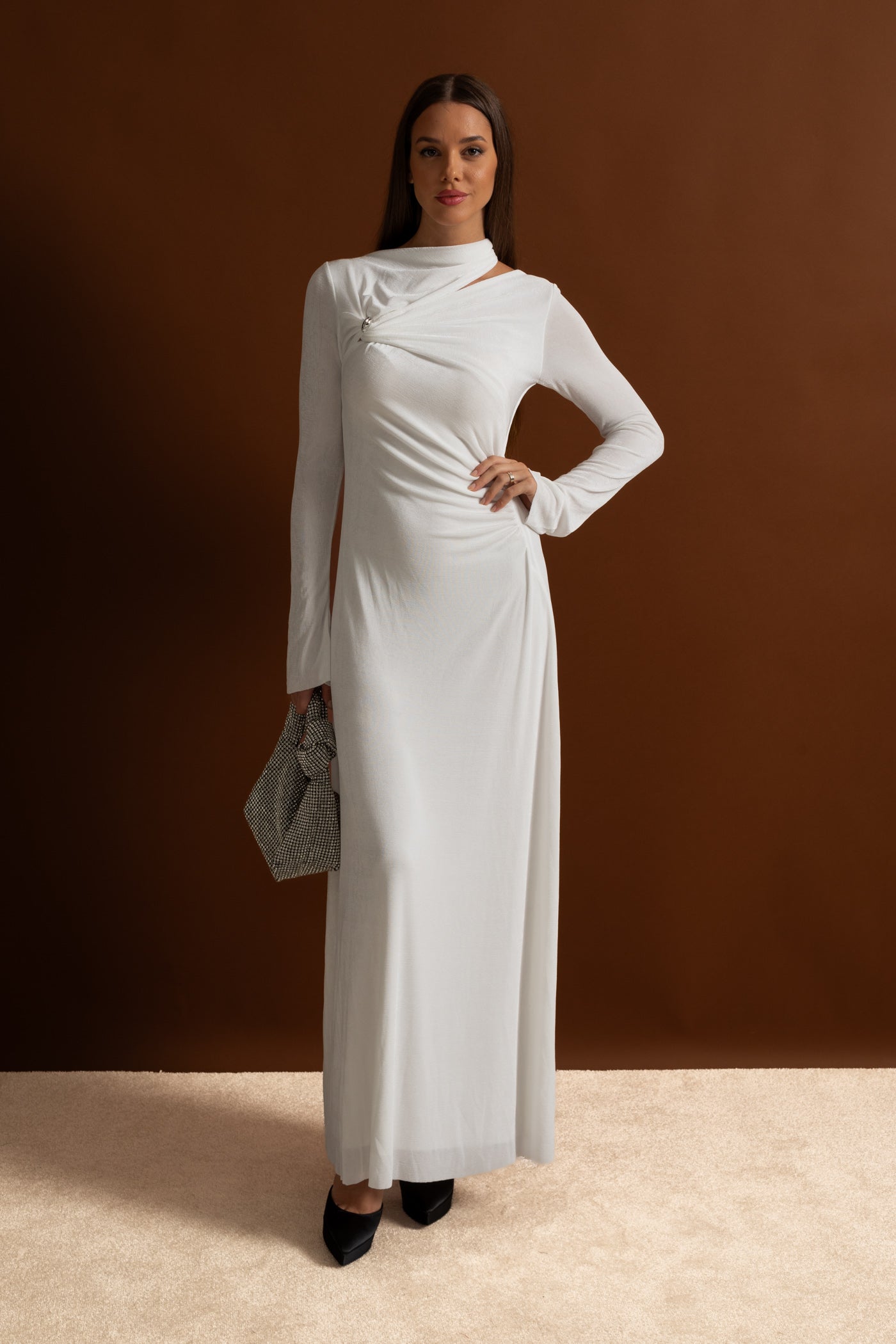Draped Maxi Dress with Cut-Out and Elegant Detail - White
