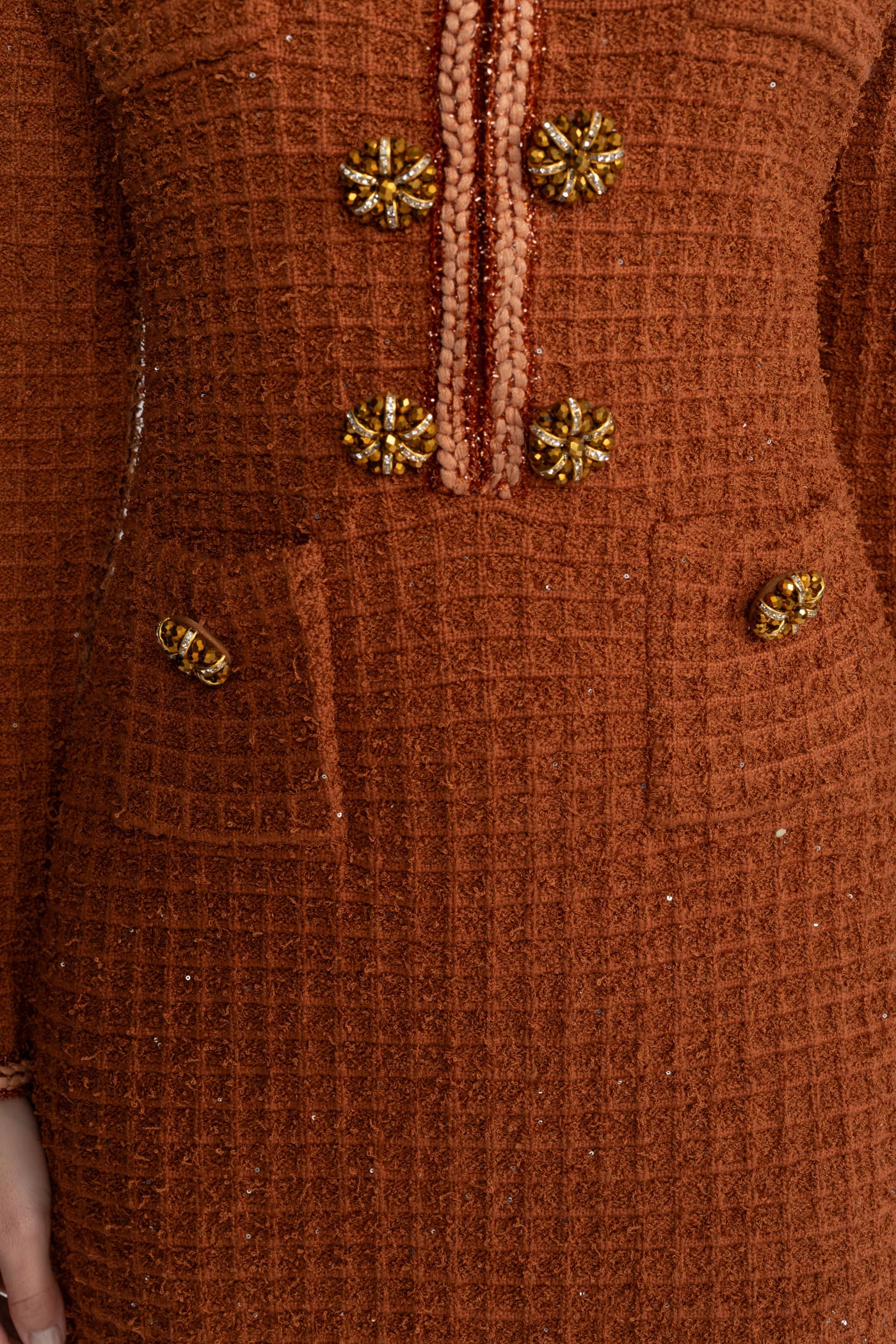 Textured Tweed Midi Dress with Crystal Button Detail – Rust