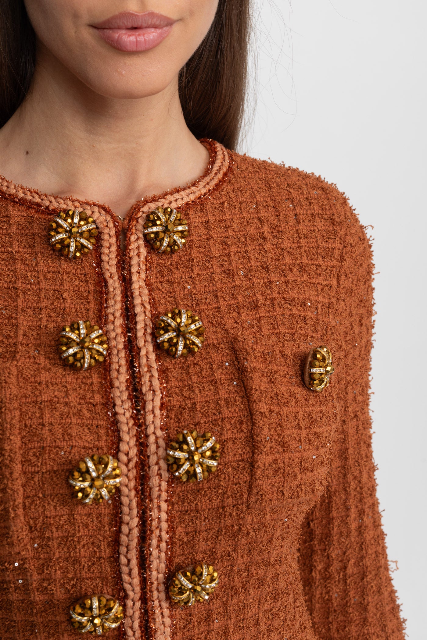 Textured Tweed Midi Dress with Crystal Button Detail – Rust