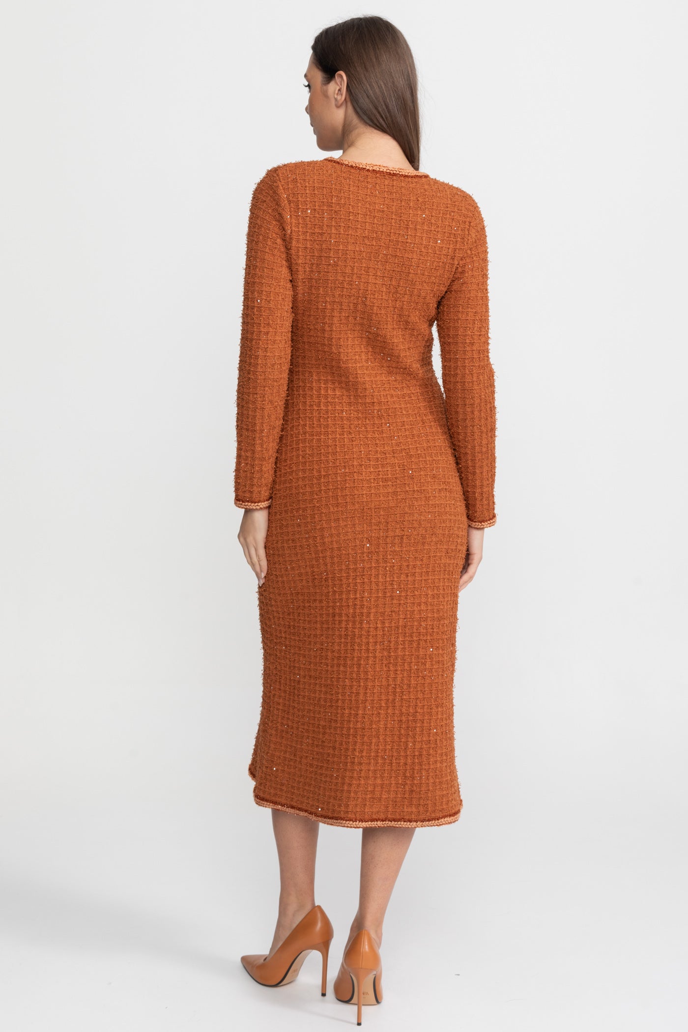 Textured Tweed Midi Dress with Crystal Button Detail – Rust
