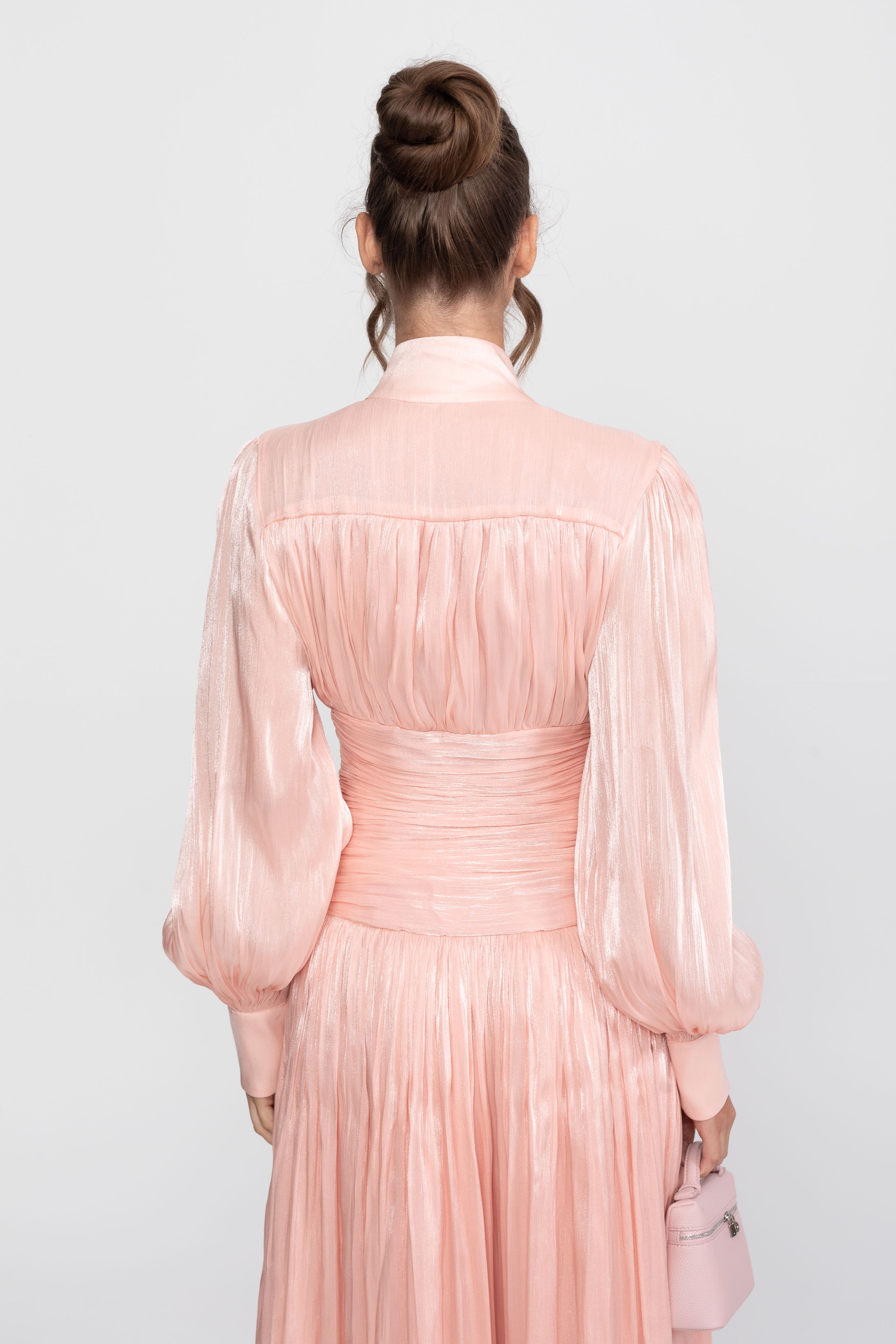 Balloon-Sleeve Tiered Maxi Dress With Jeweled Rose Buttons - Peach