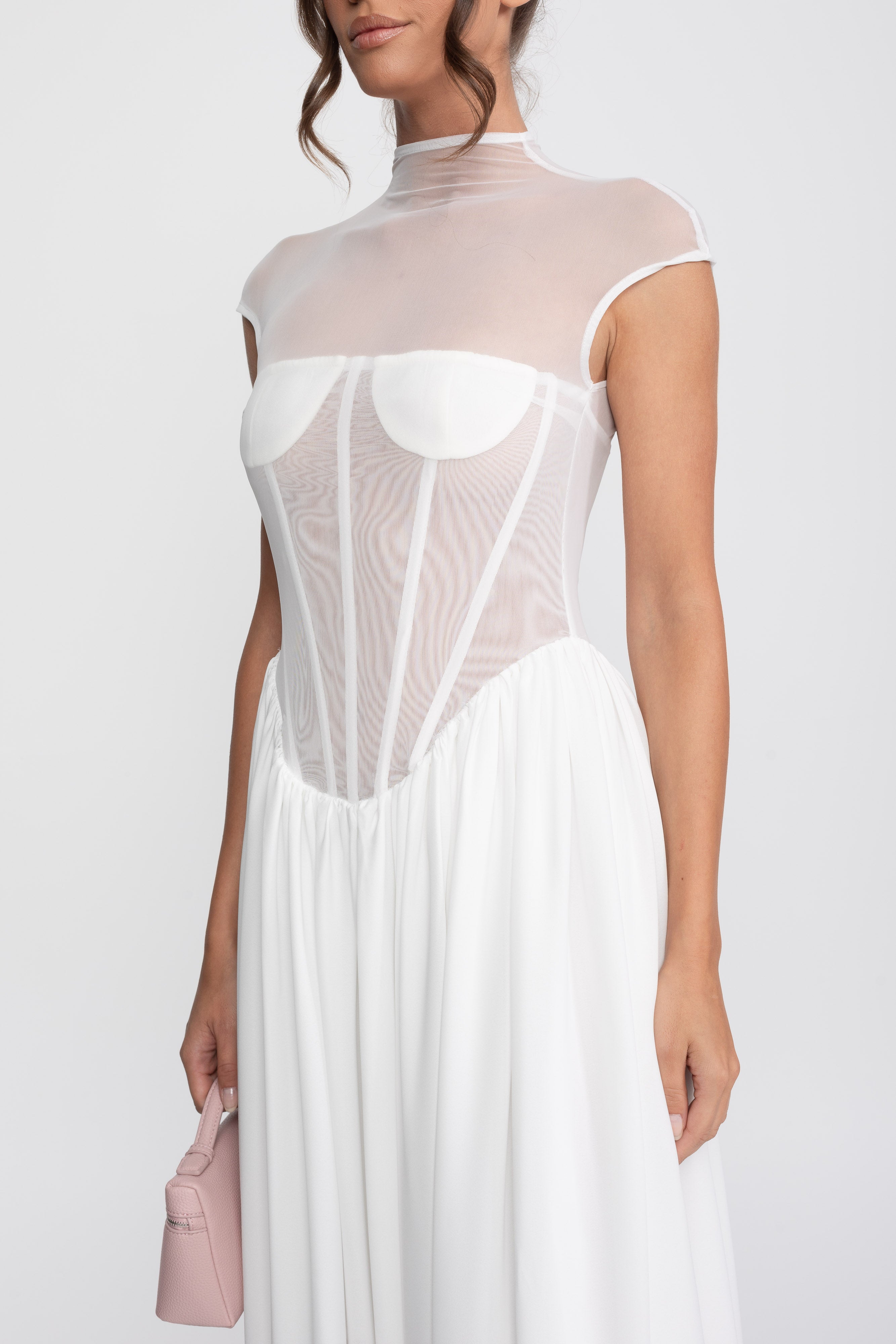Sheer Corset Maxi Dress With Cap Sleeves - White