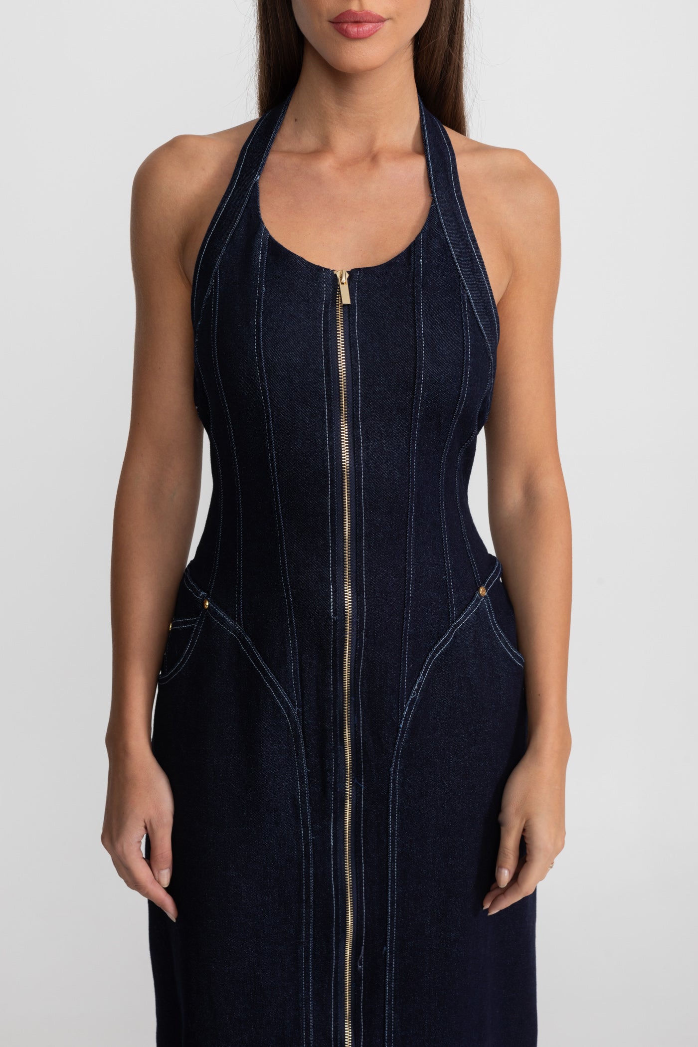 Denim Halter Dress with Front Zip Closure - Dark Indigo