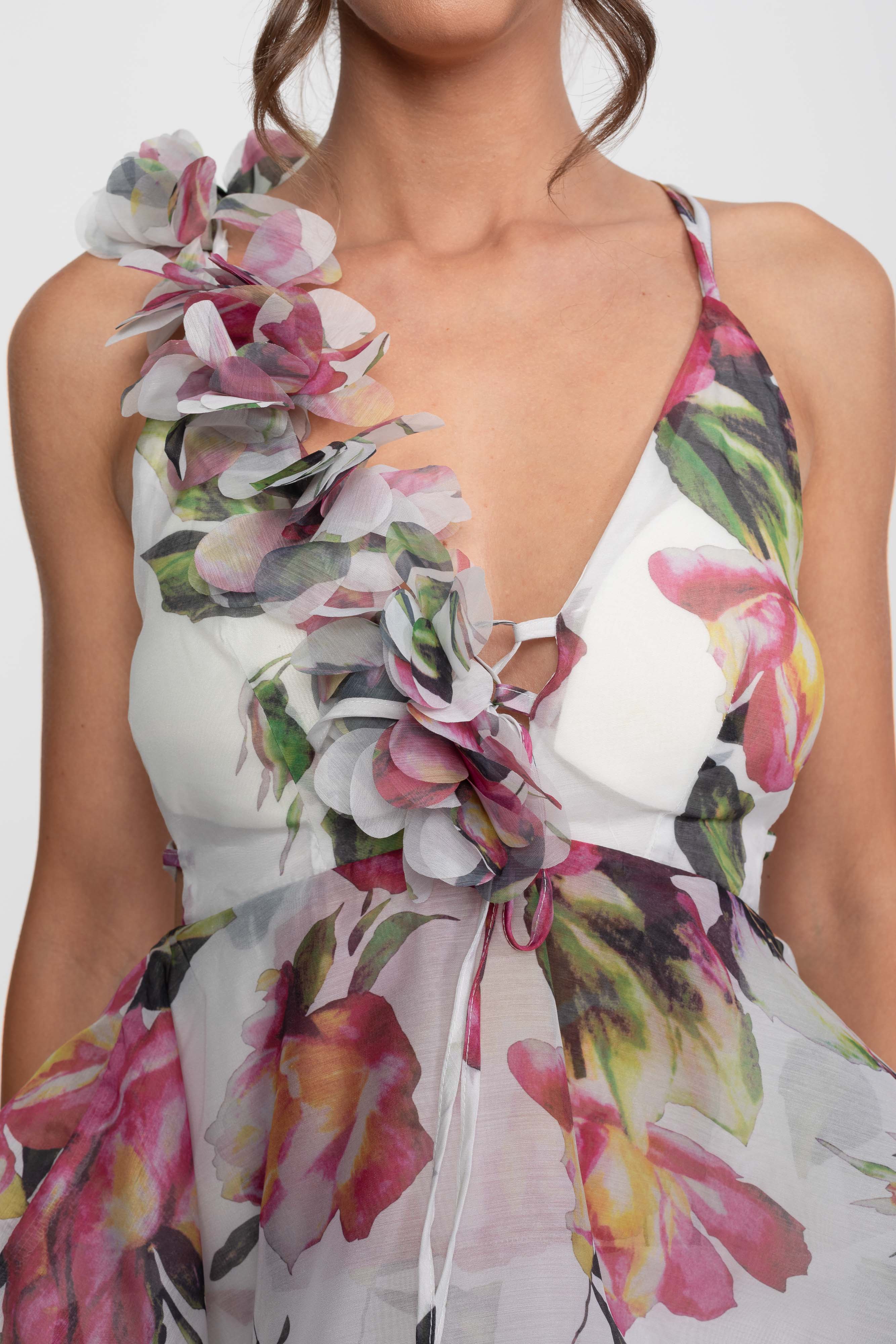 Floral Print Tiered Mini Dress With Ruffled Shoulder Strap - White