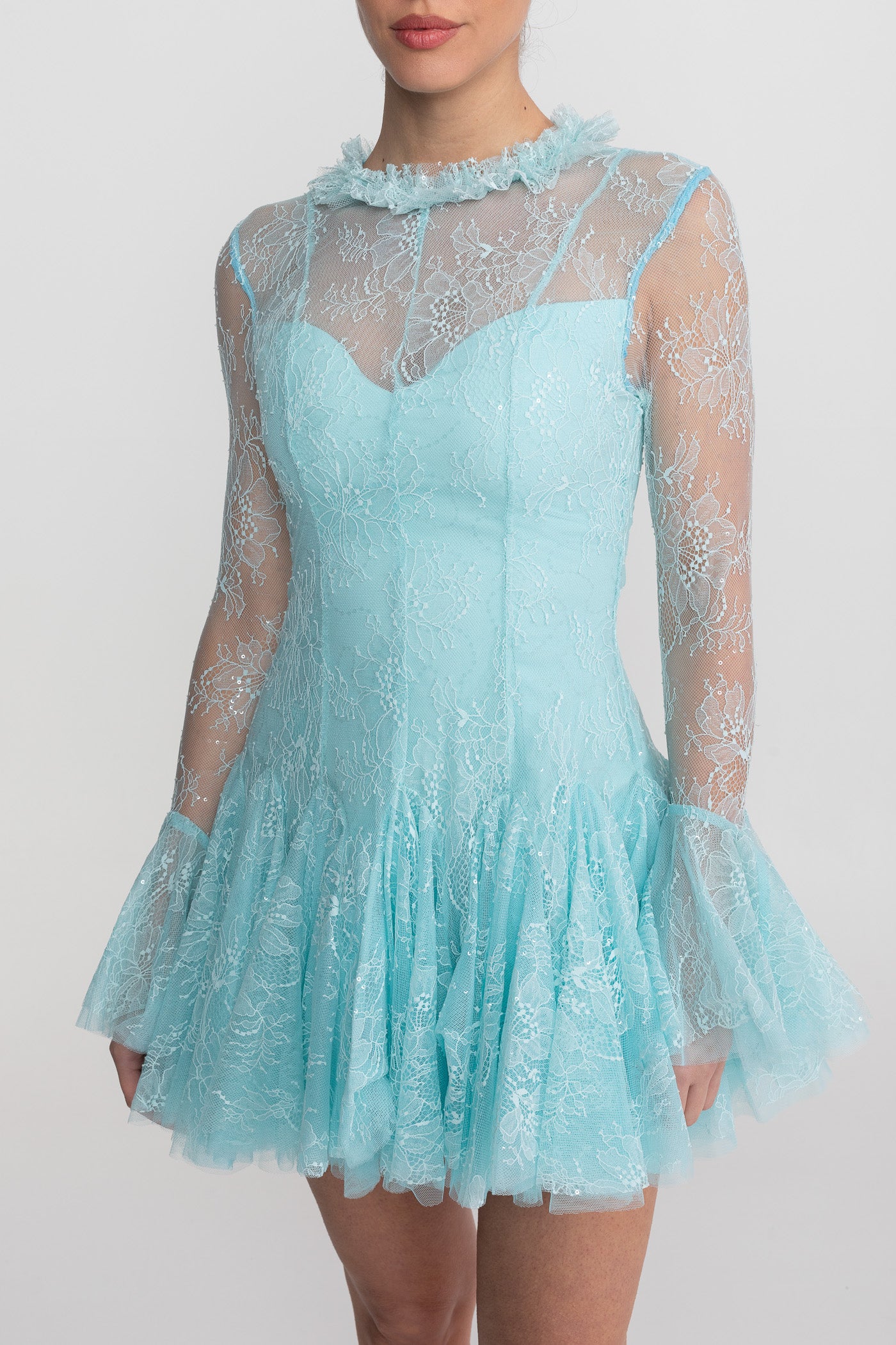 Sheer Lace Long Sleeve Mini Dress With Ruffled Hem - Teal