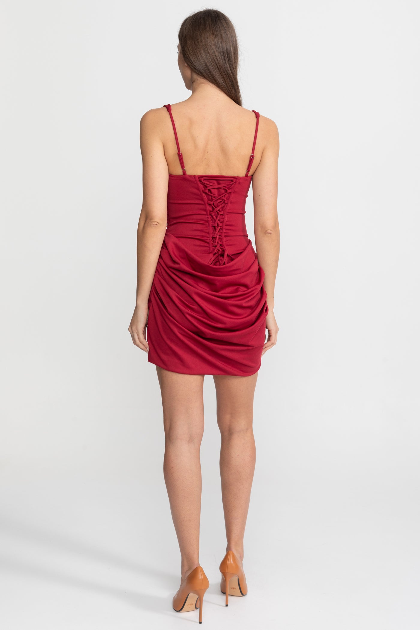 Corset Mini Dress with Ruched Skirt Detail – Red