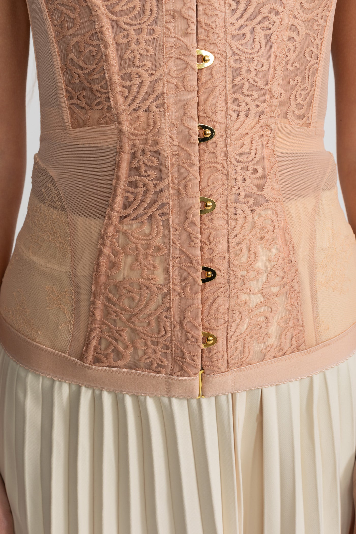 Strapless Lace Corset Top with Boning and Front Closure - Nude
