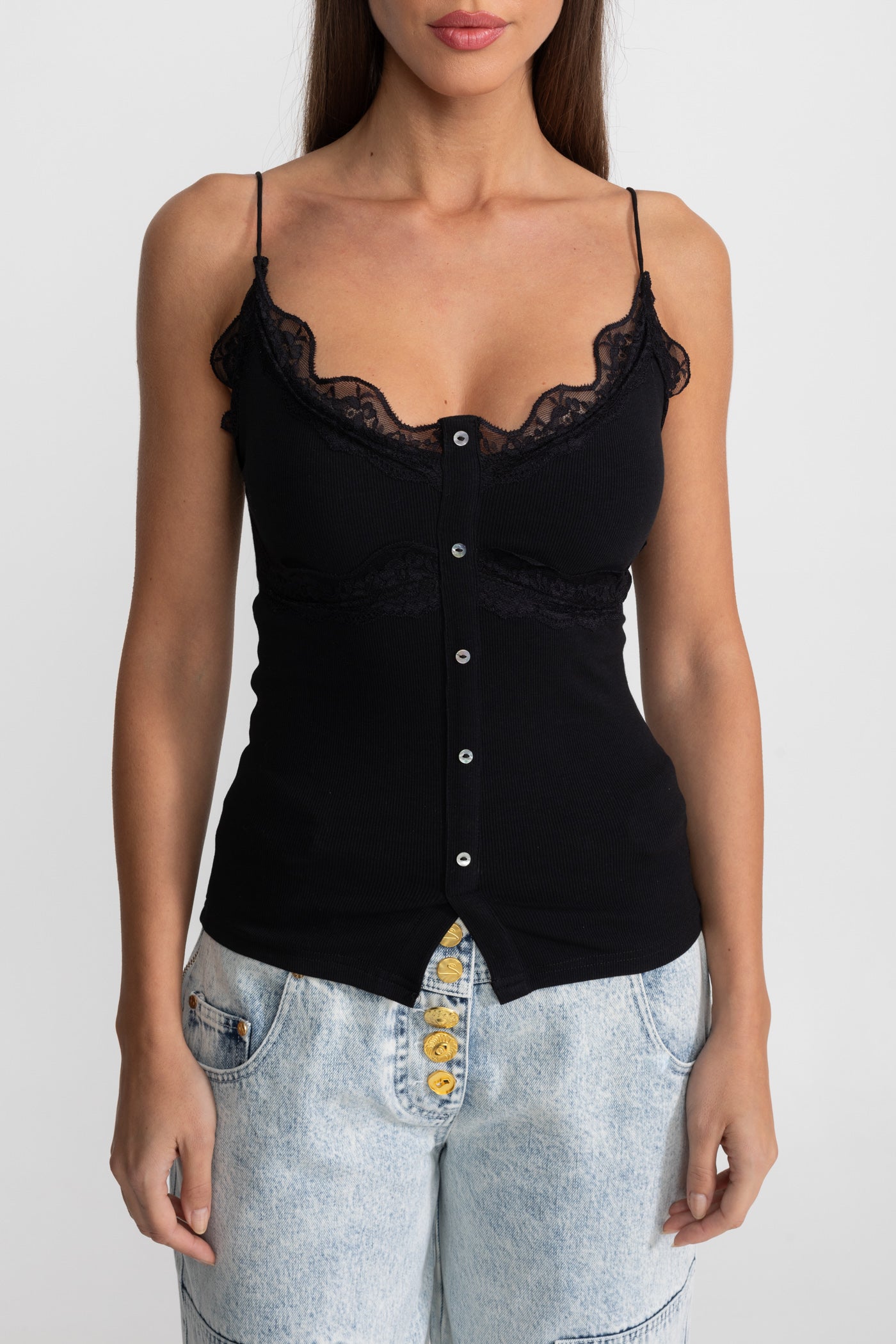 Lace-Trimmed Ribbed Camisole with Buttoned Front - Black