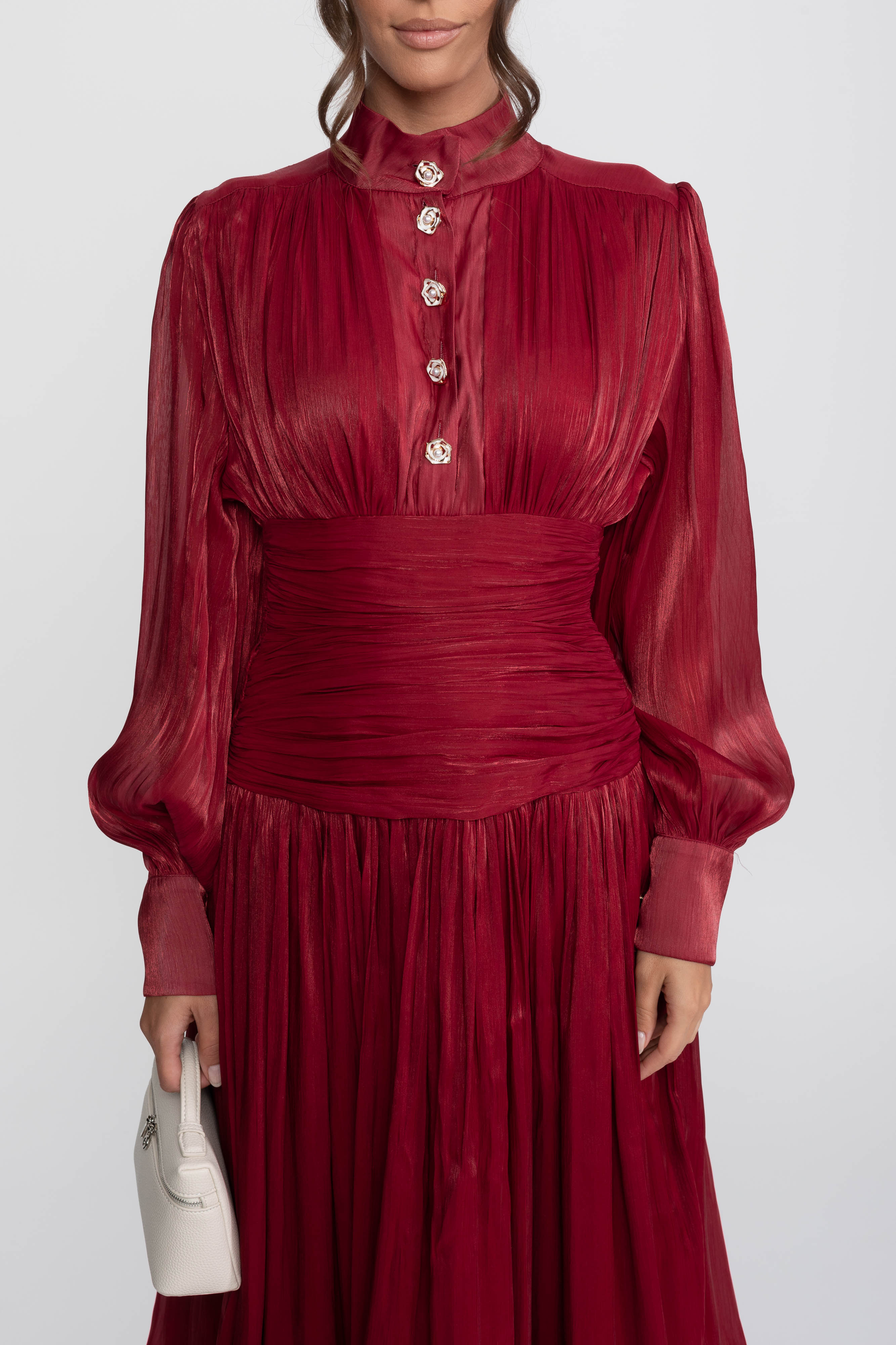 Balloon-Sleeve Tiered Maxi Dress With Jeweled Rose Buttons - Red