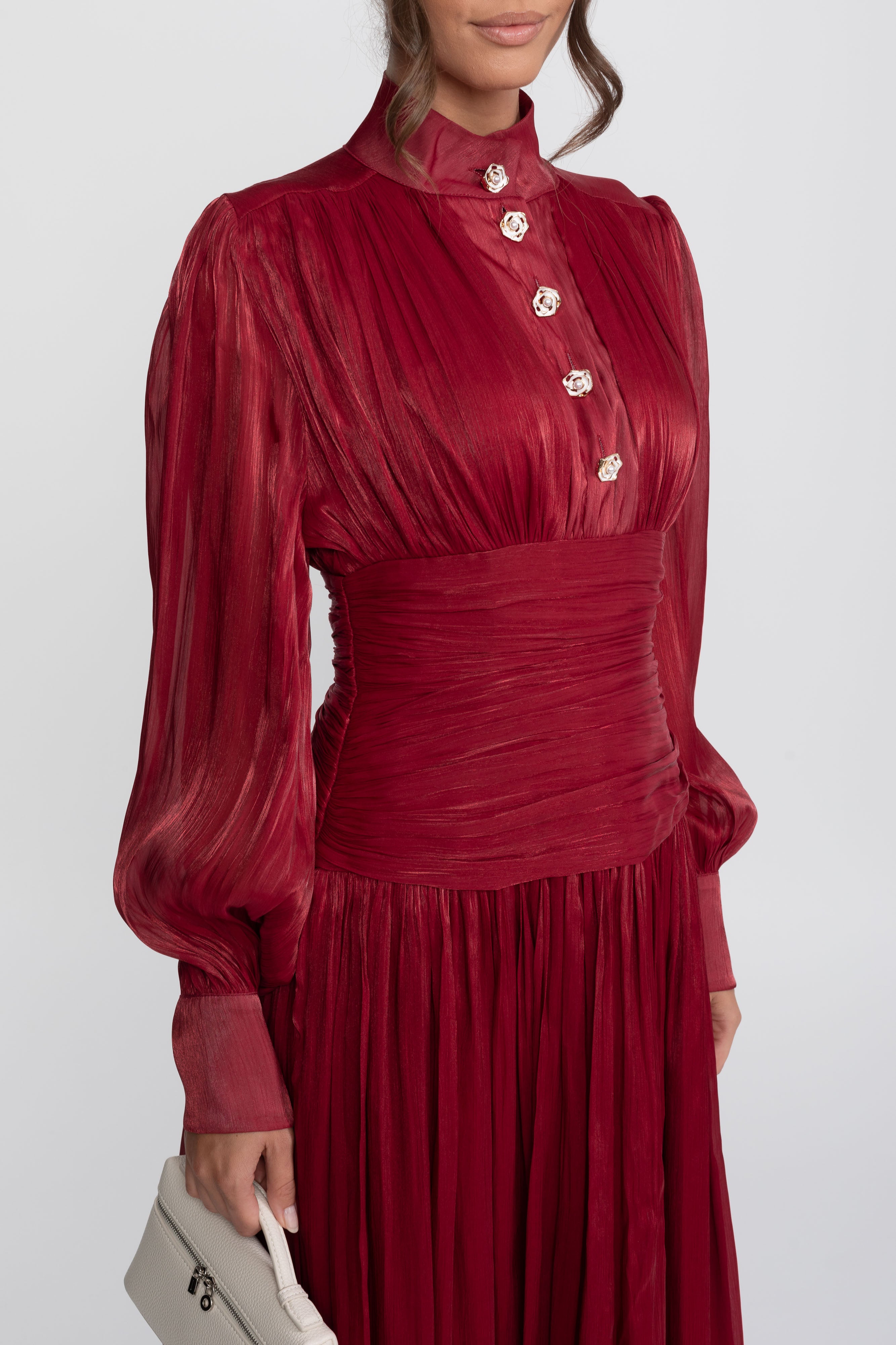 Balloon-Sleeve Tiered Maxi Dress With Jeweled Rose Buttons - Red