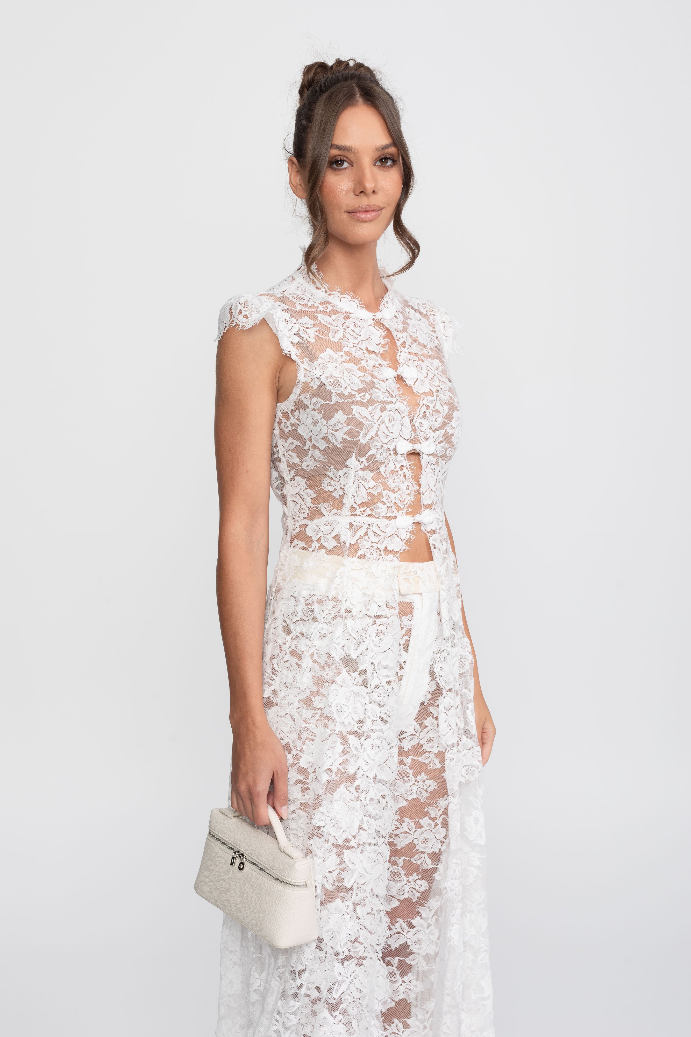 Sheer Lace Top And Palazzo Pants Set With Trailing Panel - White