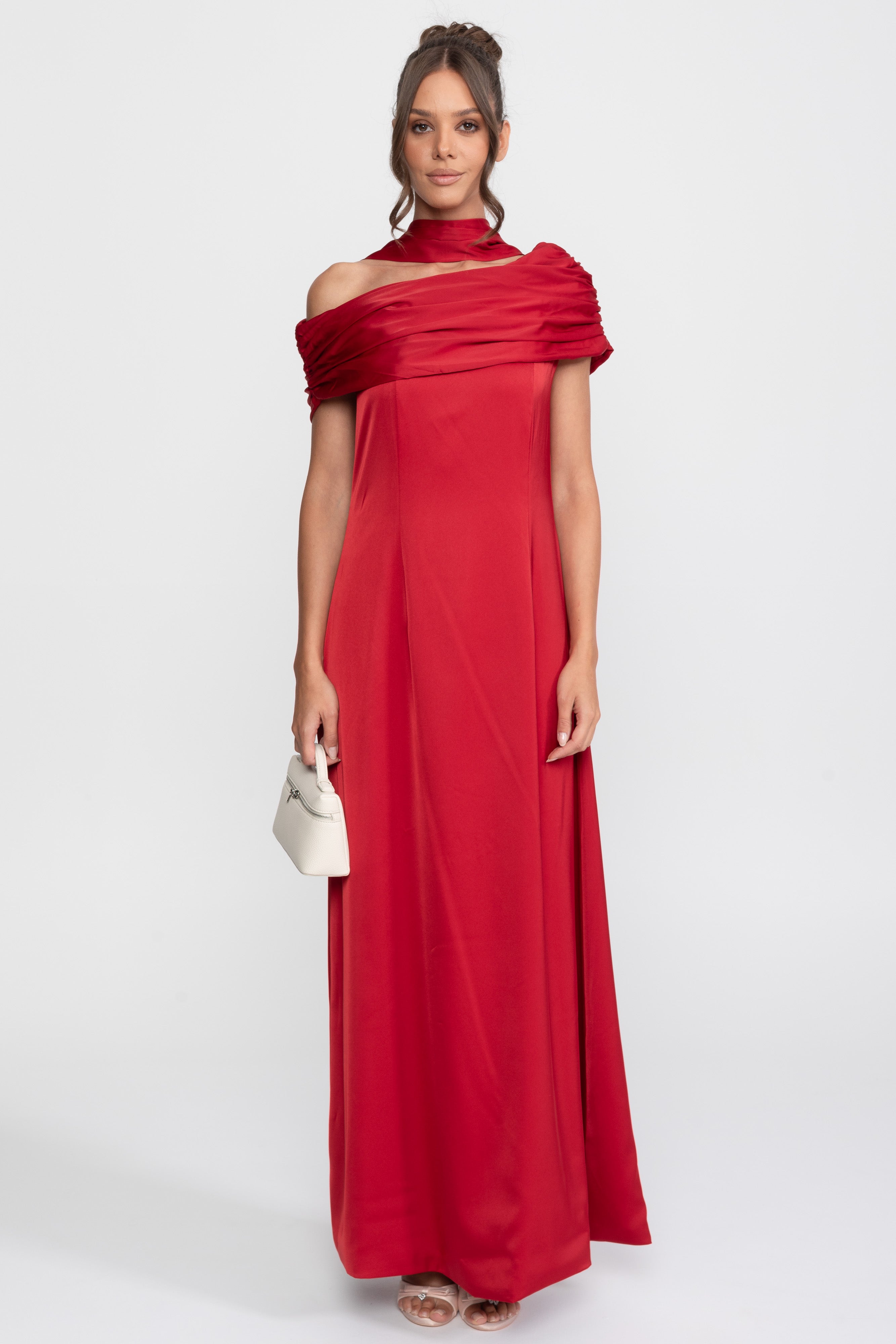 One-Shoulder Draped Satin Gown With Ruched Wrap - Red