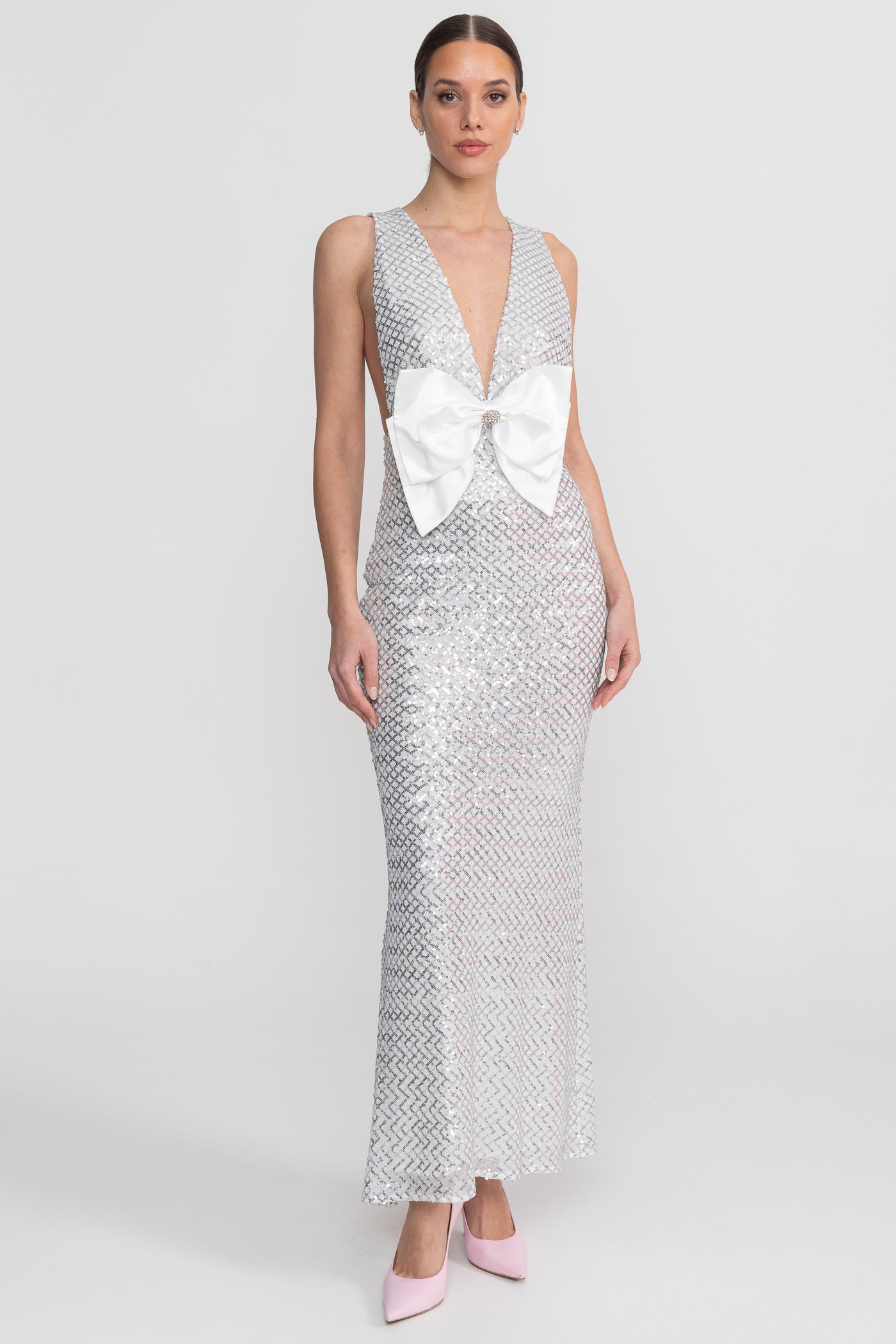 Sequin Maxi Dress With Satin Bow Detail - Light Grey