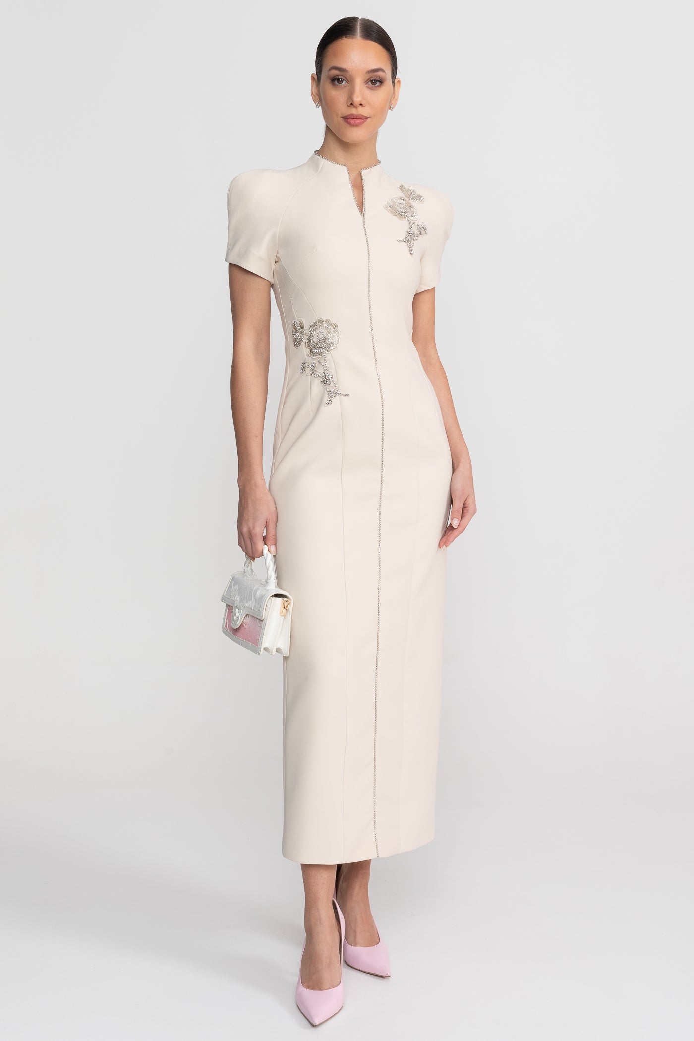 Short Sleeve Midi Dress With High Split Neckline And Sparkling Embellishments - Ivoire